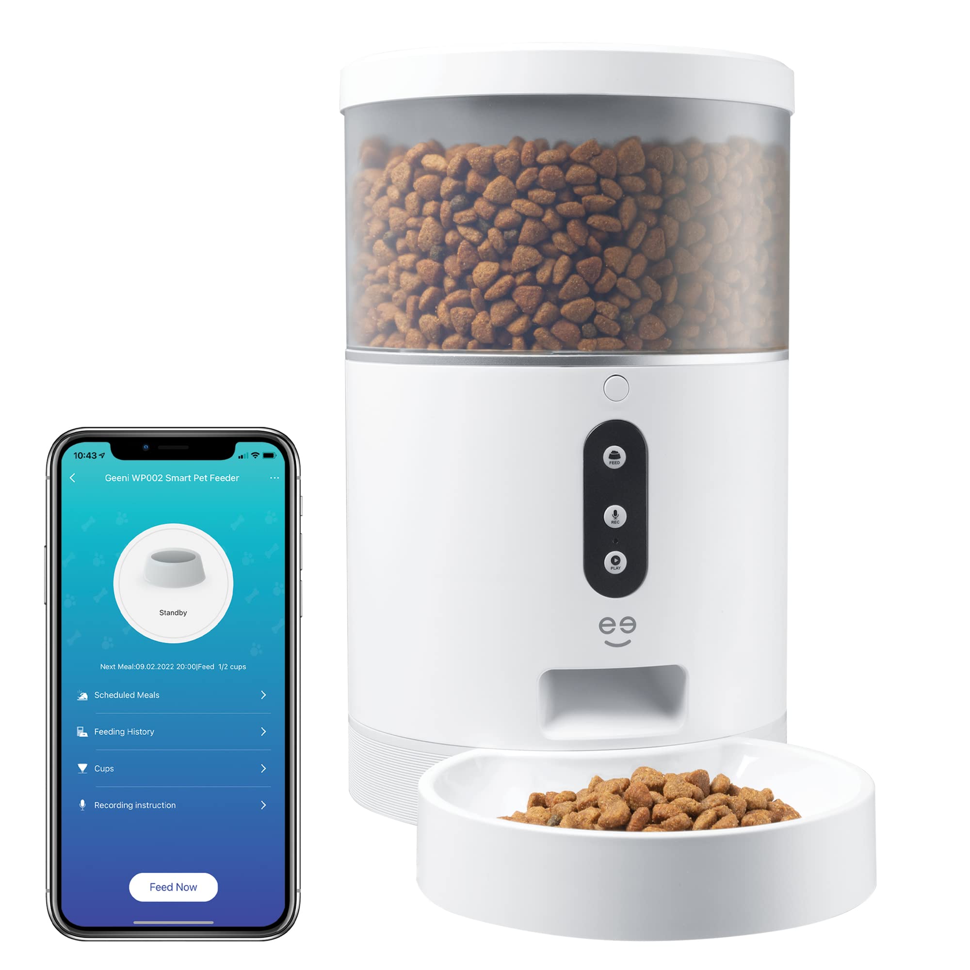Geeni Smart Feeder, 4 Liter Automatic Pet Dog and Cat Feeder, Wi-Fi Control  Compatible with Alexa and Google Home