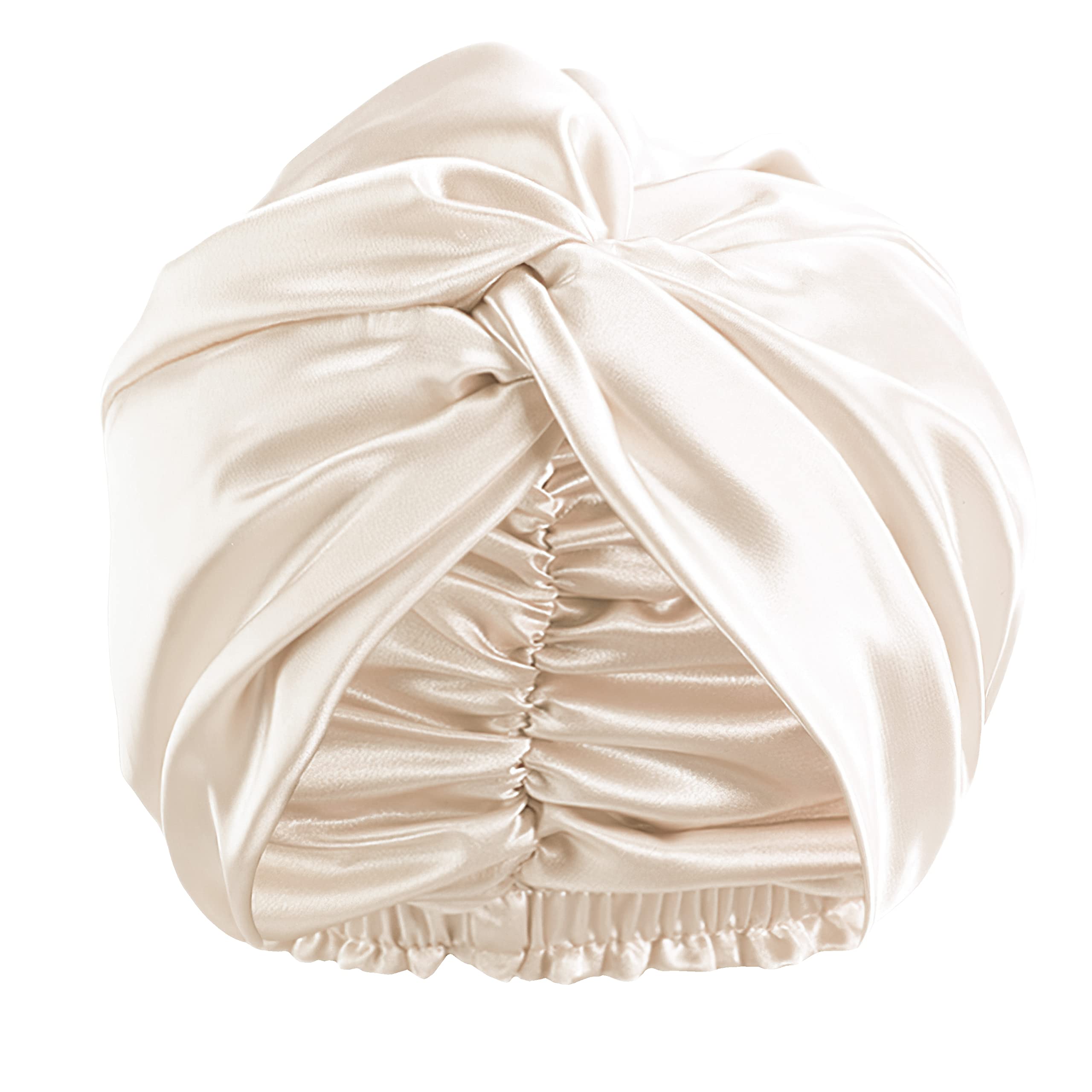 100% Silk Bonnet for Sleeping, Hair Bonnet with Tie Band, Large Silk Sleep  Cap for Curly Hair, Silk Hair Wrap for Hair Care Beige 22 Momme