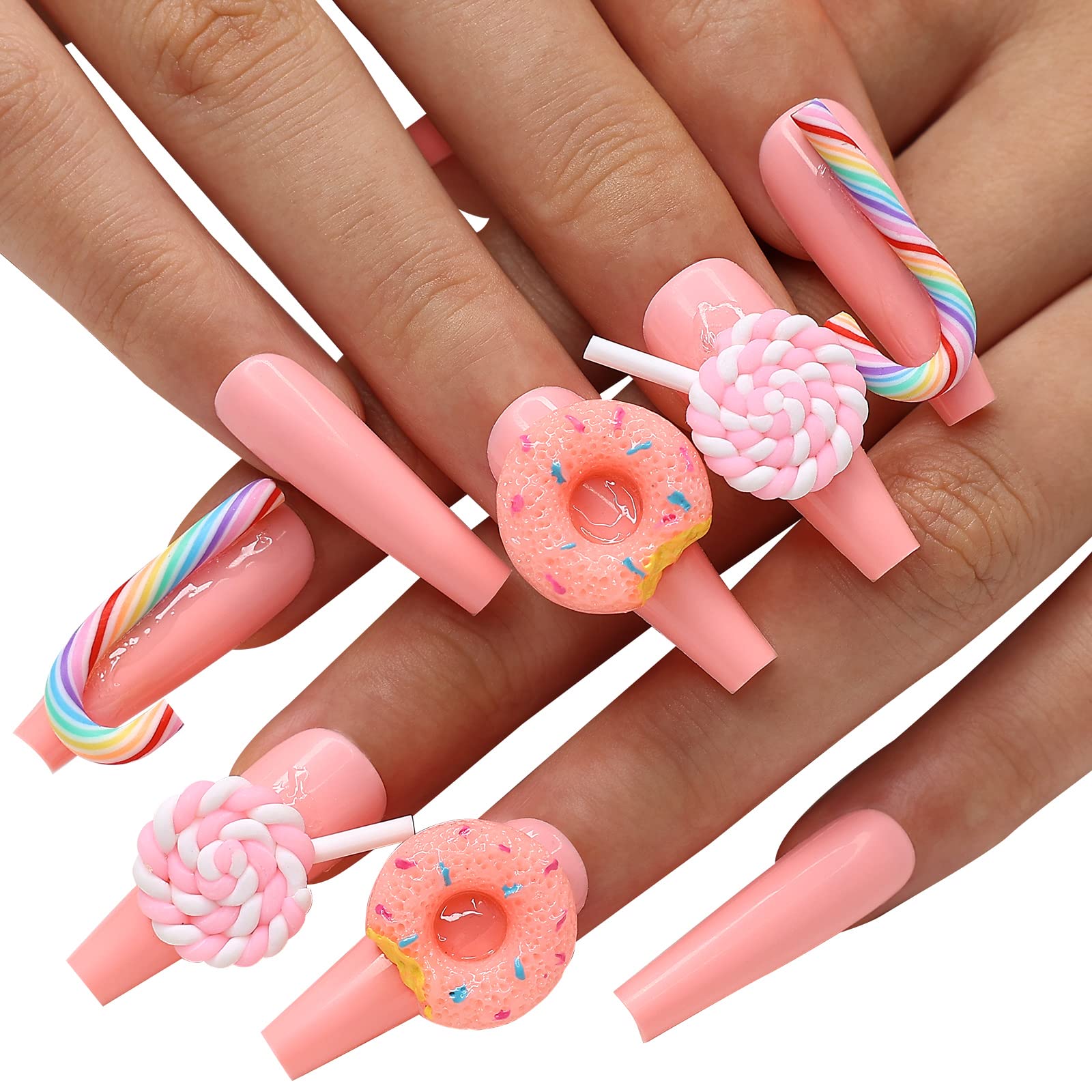 24Pcs Long Coffin False Nails Rainbow Colored Pink with French