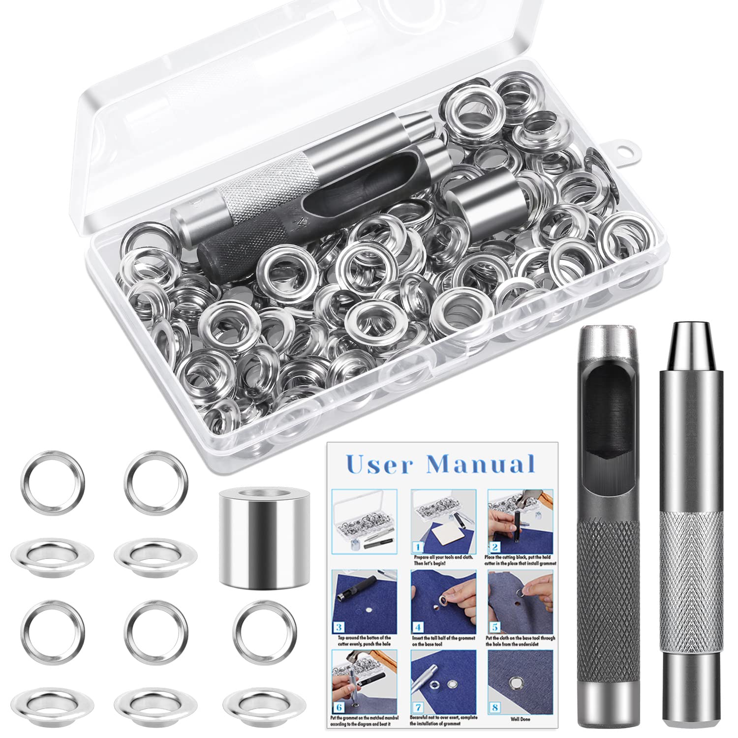 120 Sets Grommet Tool Kit 1/2 Inch, Cridoz Grommet Eyelets Kit with Setting  Tools and Storage Box for Fabric, Tarps, Curtains Silver 1/2 Inside Diameter