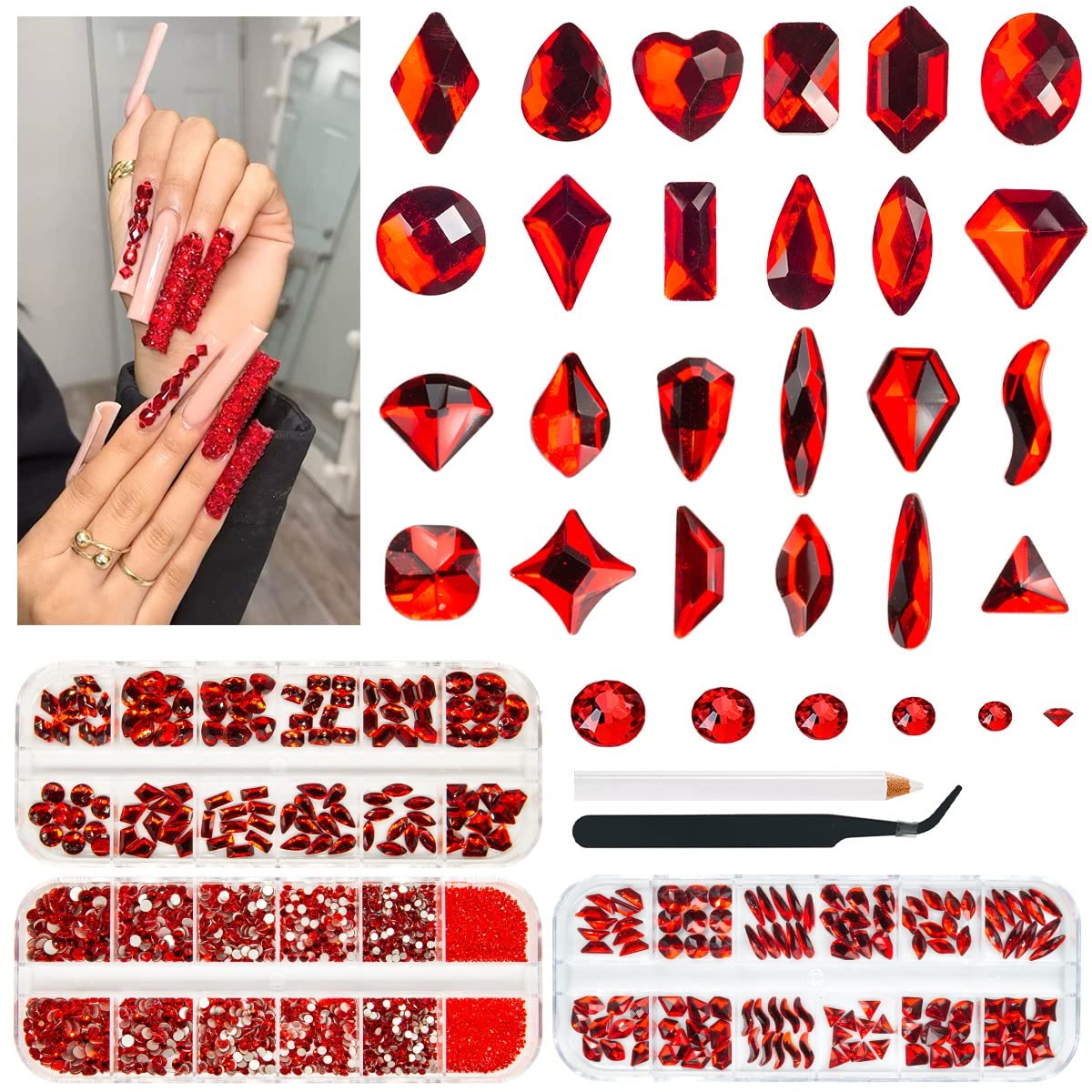 Molisaka Red Nail Rhinestones Set, Multi Shapes Glass Red Rhinestones for  Nails Art, with Wax Pen and Tweezers