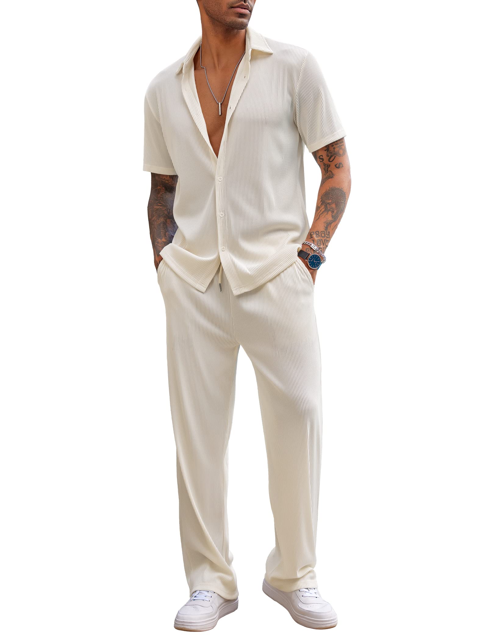 Mens Casual Outfit 2-Piece Set Short Sleeve Button Shirts and Trousers Set
