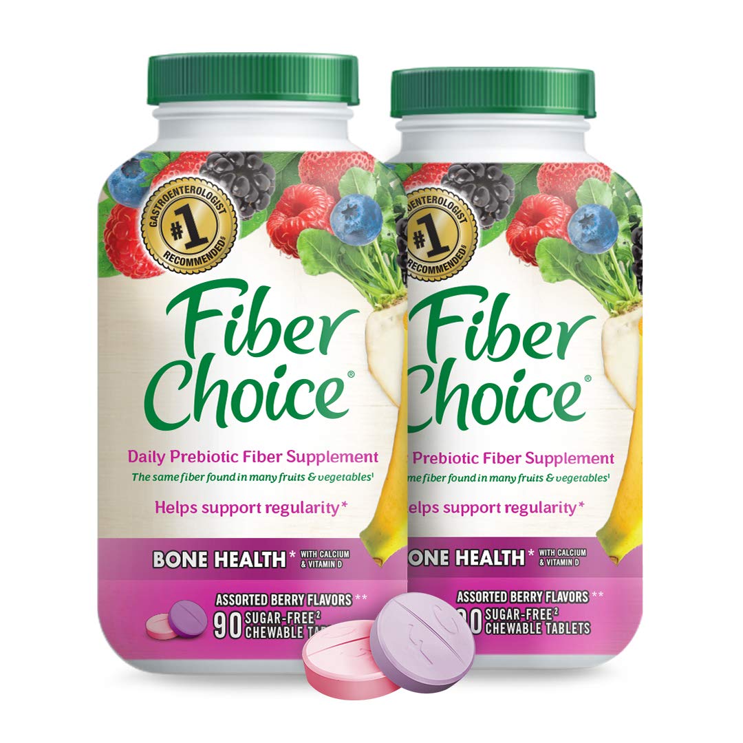 Fiber Choice Bone Health Daily Prebiotic Fiber Chewable Tablets with  Calcium & Vitamin D, Assorted Berry, 90 Count (Pack of 2)