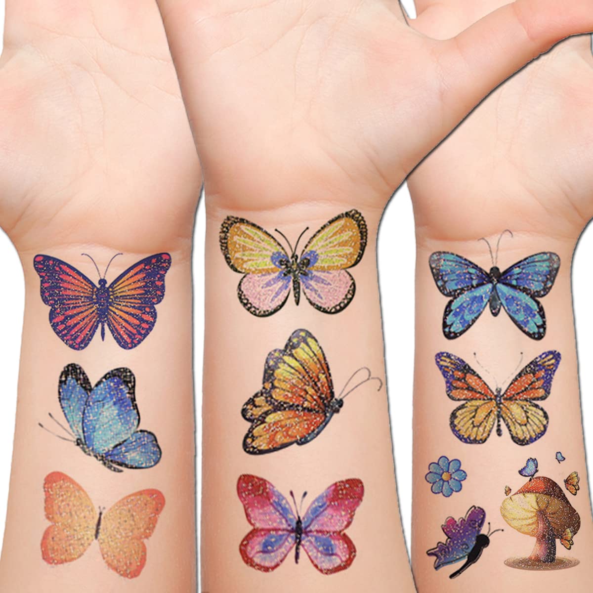 Hohamn Glitter Butterfly Tattoos - 12 Sheets Temporary Glitter Art for  Kids, Girls & Women