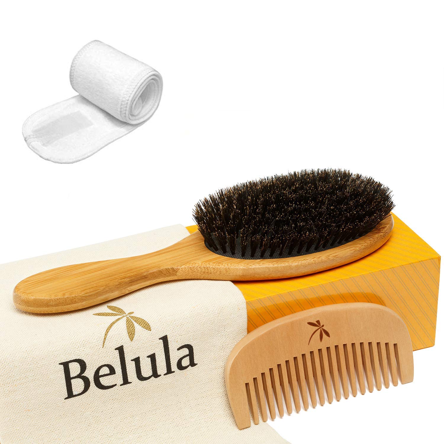 Belula 100% Boar Bristle Hair Brush Set. Soft Natural Bristles for Thin and  Fine Hair. Restore Shine And Texture. Wooden Comb, Travel Bag and Spa