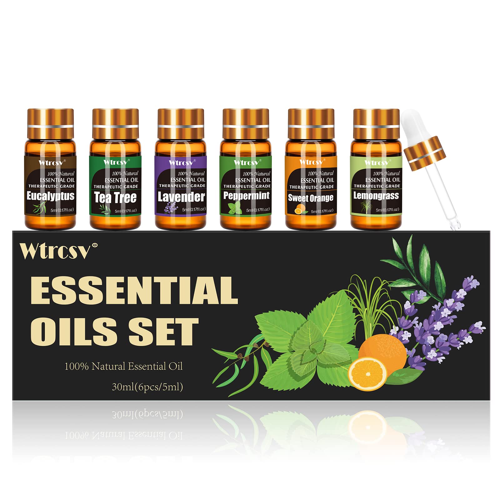 Essential Oils Set- 6 Aromatherapy Oils -Perfect for Diffuser Humidifier  Aromatherapy Candle Making Massage-Peppermint Tea Tree Lavender Eucalyptus  Lemongrass Sweet Orange(5ml) 6 Scents
