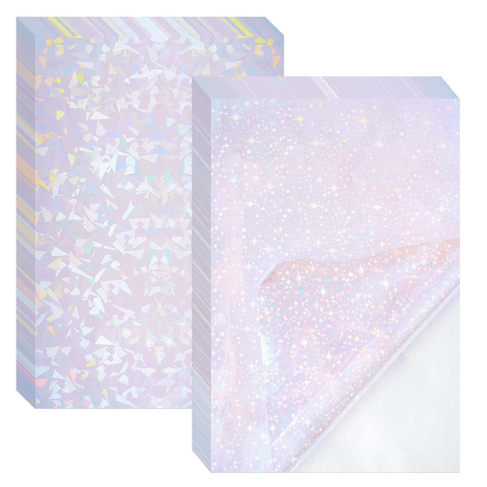 2 Types Transparent Holographic Laminate Sheets Overlay Lamination Vinyl A4  Size Self-Adhesive Holographic Laminate Film Waterproof Vinyl Sticker Paper  for DIY Crafts, 10 Sheets 8.25 x 11.7 Inches Broken Glass and Stars