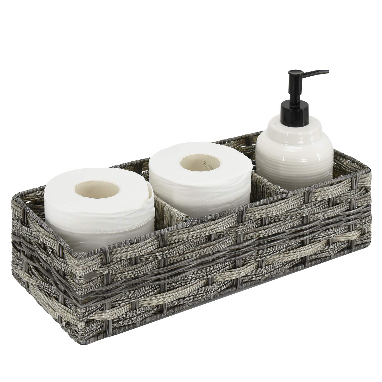 Gray bathroom storage basket. Wicker organizer with dividers