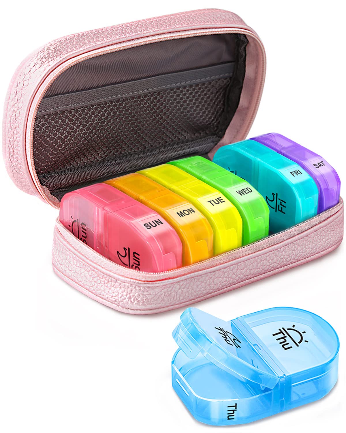 Cute Pill Organizer 2 Times a Day, AMOOS PU Leather Pill Case for Women,  Portable Weekly