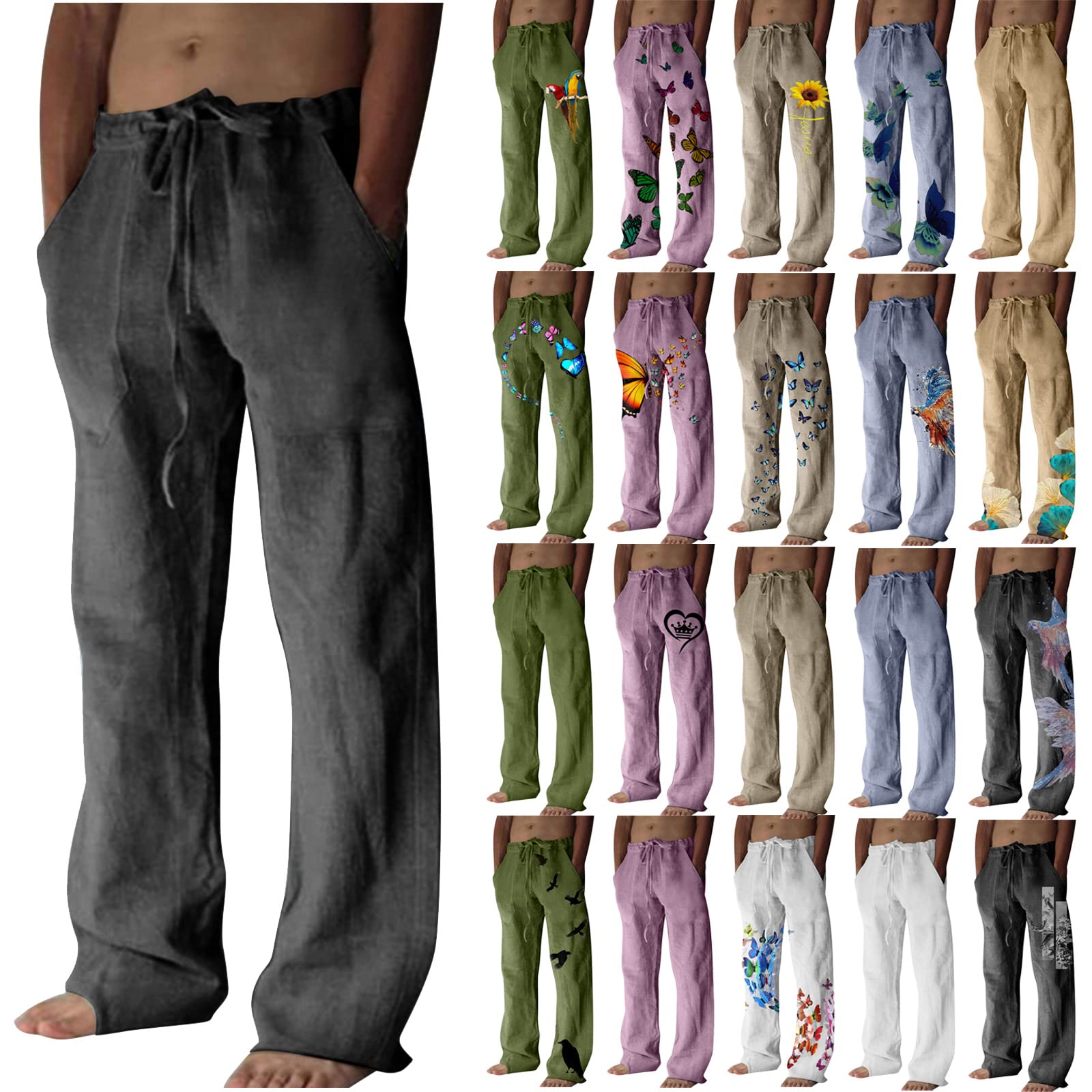  Men Casual Yoga Pants Summer Lightweight Baggy Linen  Drawstring Trousers Coffee