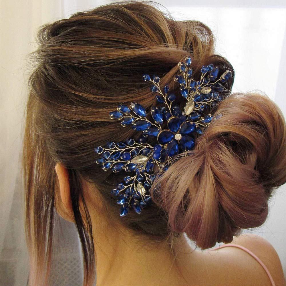 Aimimier Bridal Royal Blue Crystal Hair Comb Sapphire Hair Piece