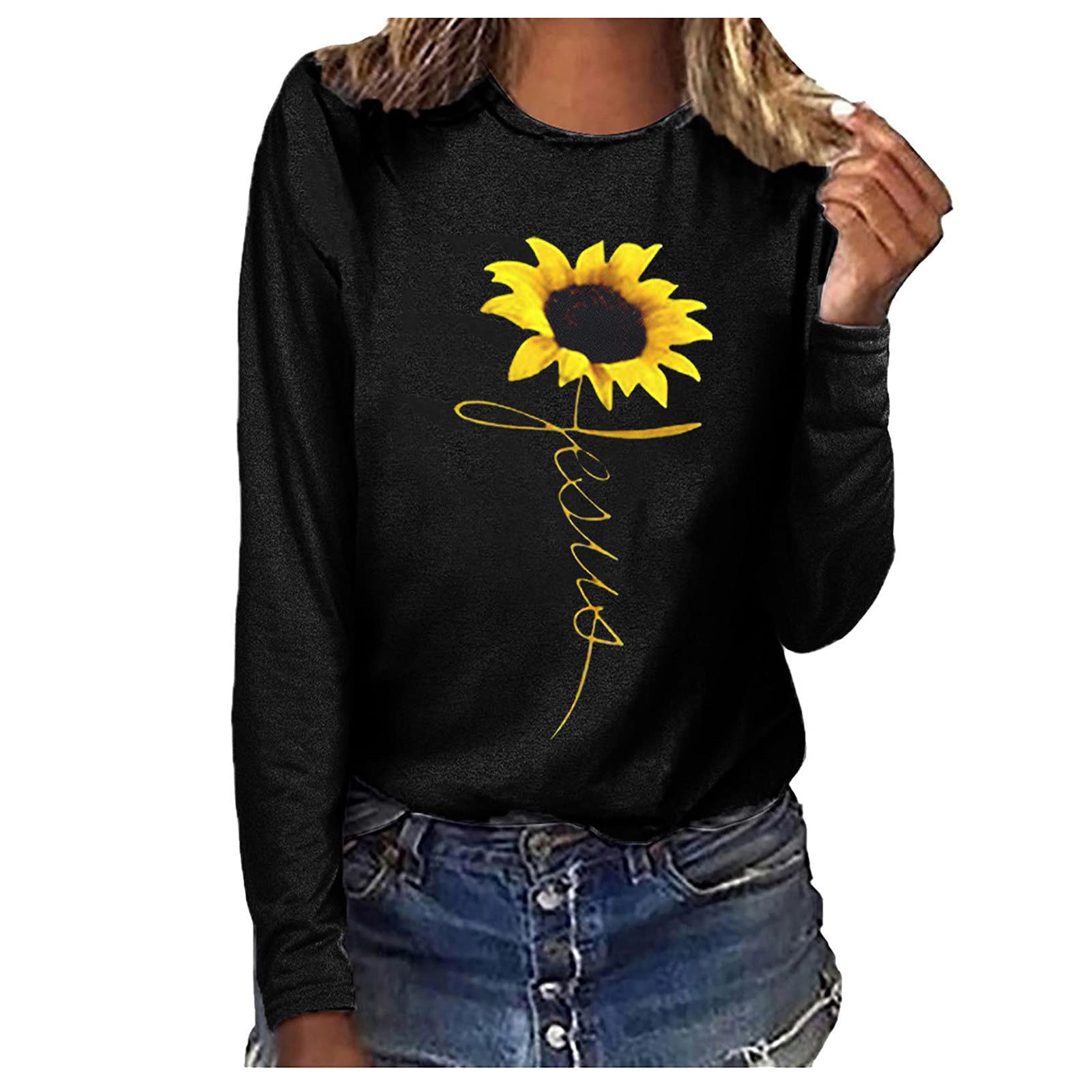 tsaChick Women's Oversized Sweatshirt Clearance Autumn Winter Slim  Sunflower Long Sleeve Shirt S-XXL Custom Hoodie Female Crew Neck Knit  Overall Women's Hoodies WYF45 Black 107 S