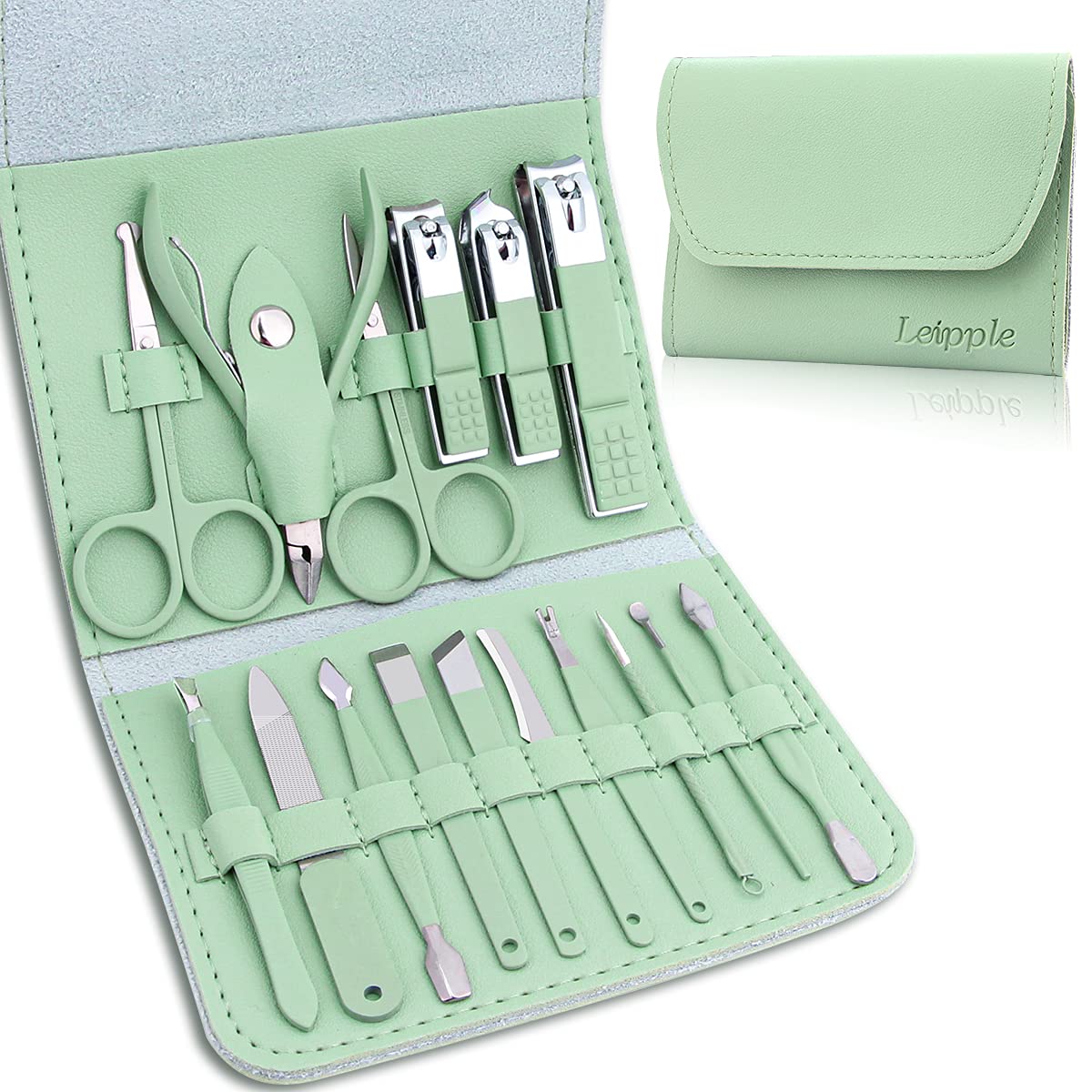 German Manicure Set For Home With Nail Clippers And Toe Nail Clippers,  Portable Green Folded Case (7pcs/set)