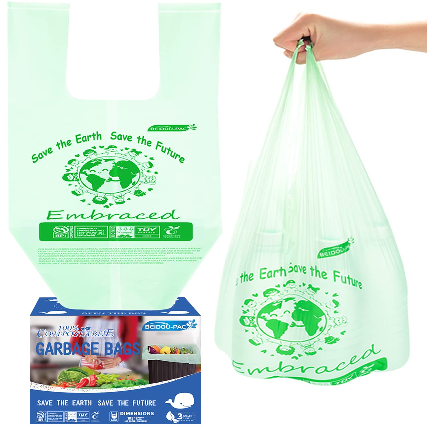 BEIDOU-PAC 100% Compostable Trash Bags, 3 Gallon Compost Bags