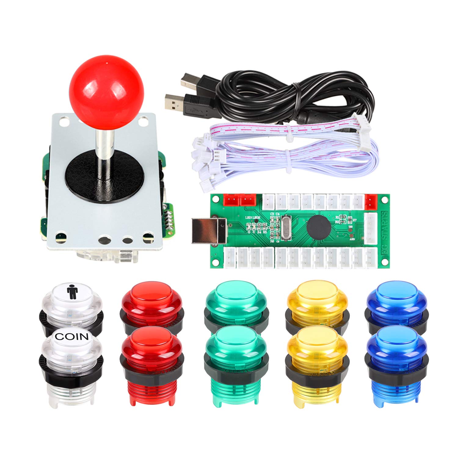 Fosiya 1 Player USB Encoder to PC Arcade Joystick Red Top Ball + 10x 5V LED