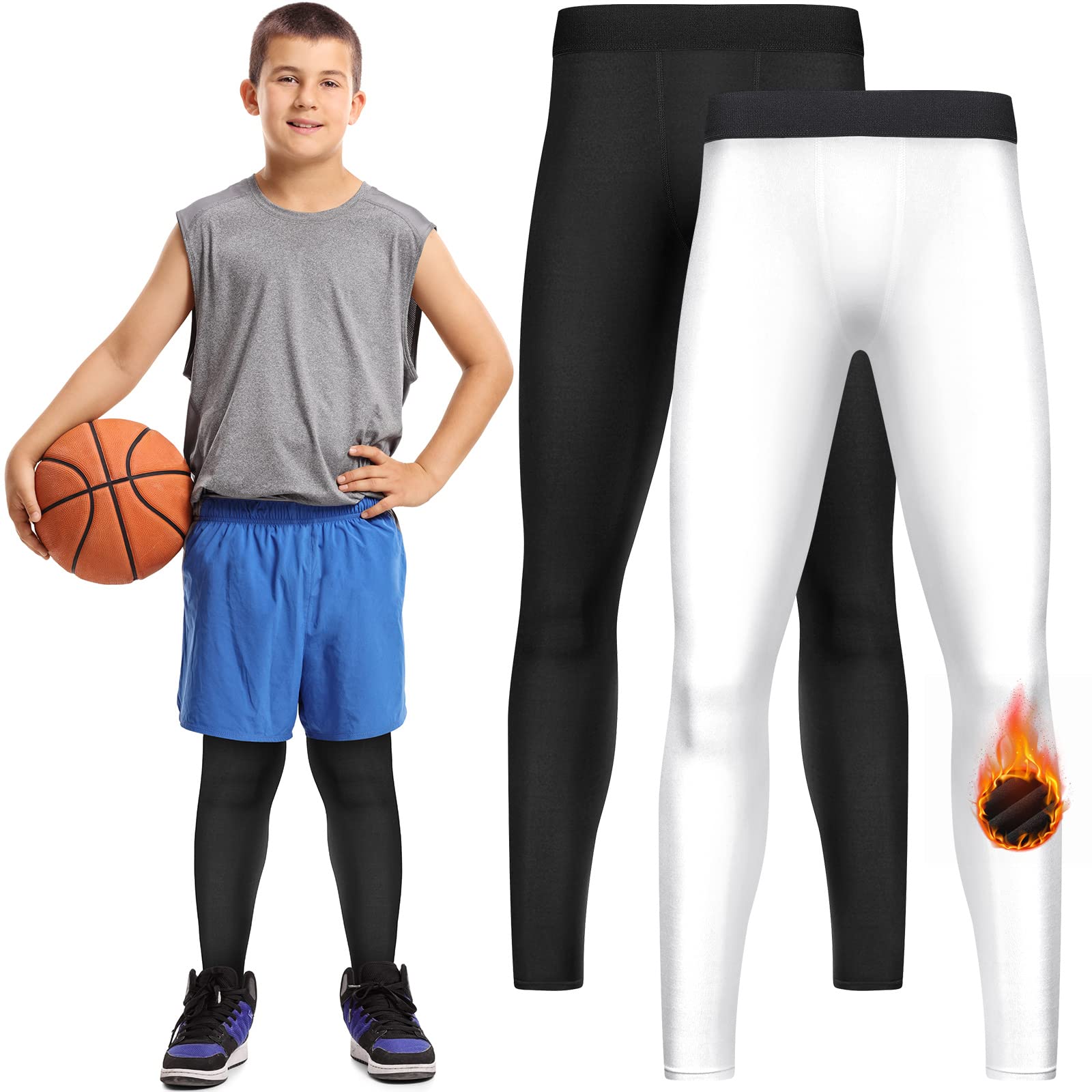 Haysandy Thermal Boys' Compression Winter Warm Leggings 2 Pack Tights  Athletic Pants Basketball Compression Pants Boys Basketball Leggings Black  White