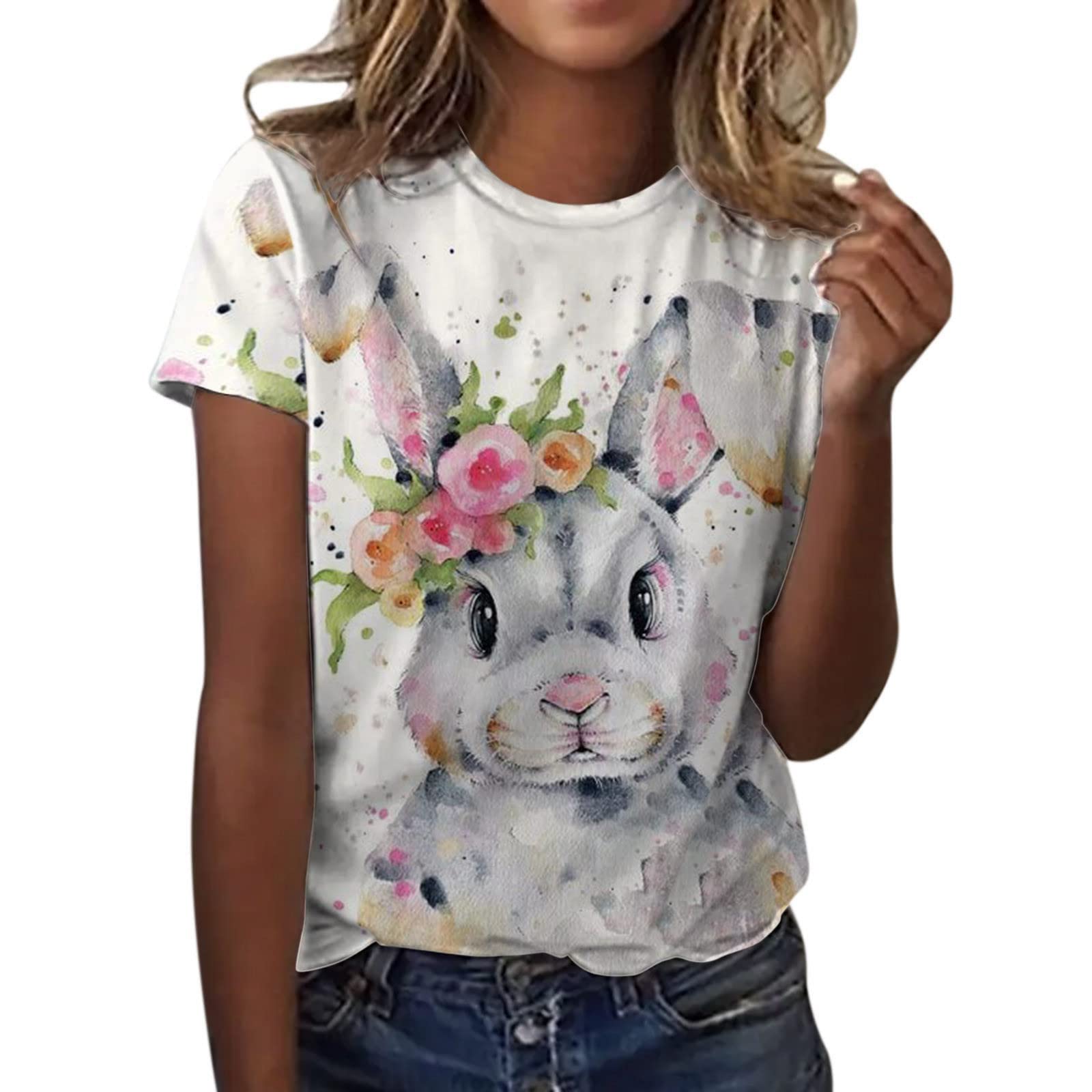 Bunny Shirts for Women Kawaii Happy Easter Day T-Shirt Short Sleeve Printed  Blouses Round Neck