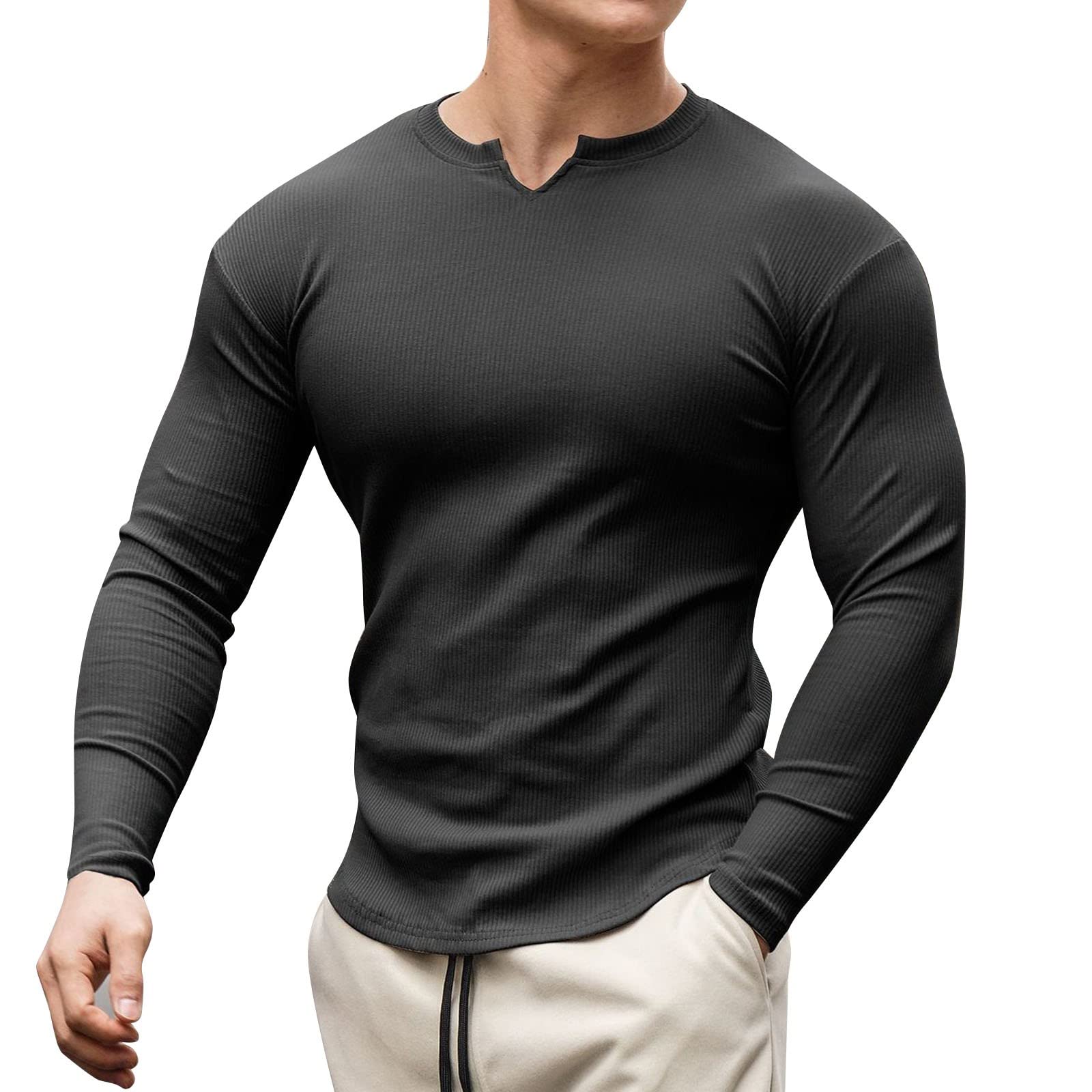 Men's Knit Rib Sports T-shirts Muscle Slim Fit Elastic Henley V
