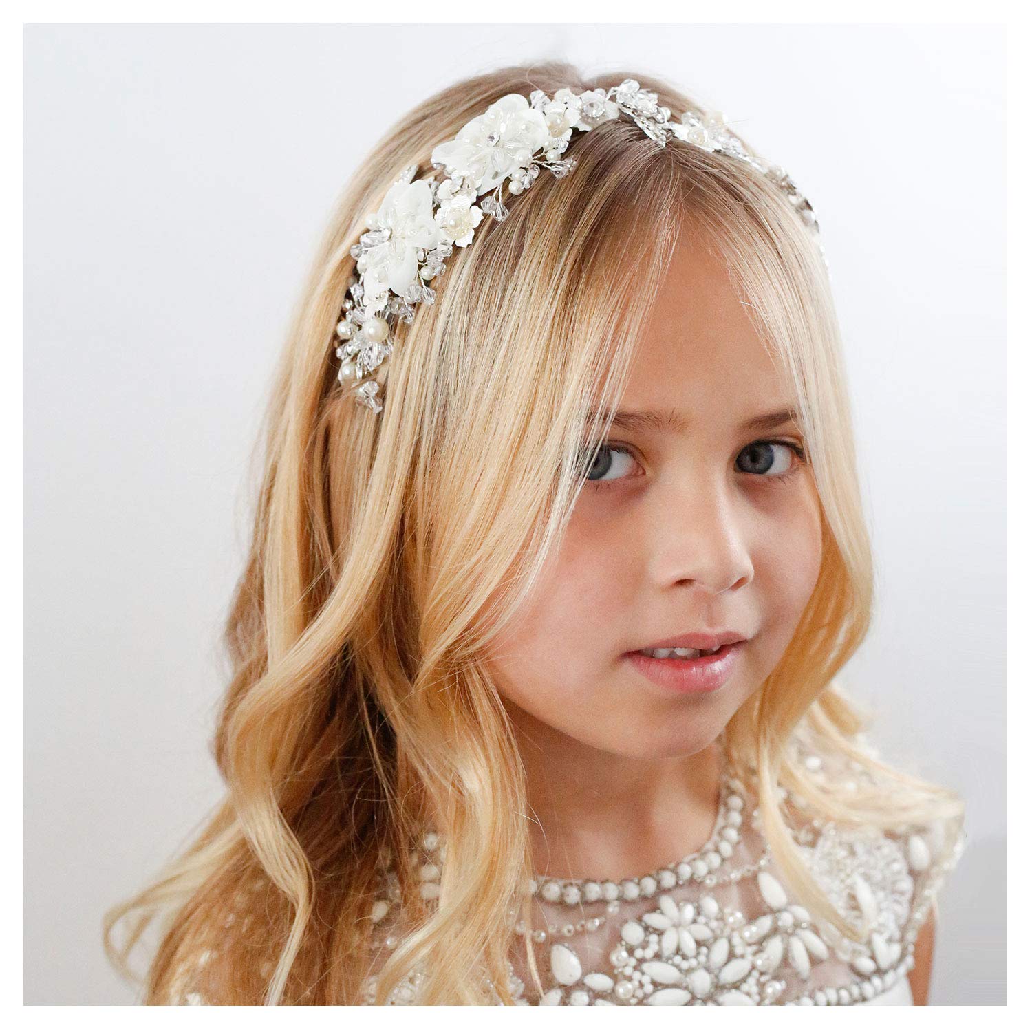 SWEETV Flower Girl Headpiece Ivory Tulle Flowers Wedding Headband for Girls  Princess Pearl Hair Accessories for Birthday Party First Communion