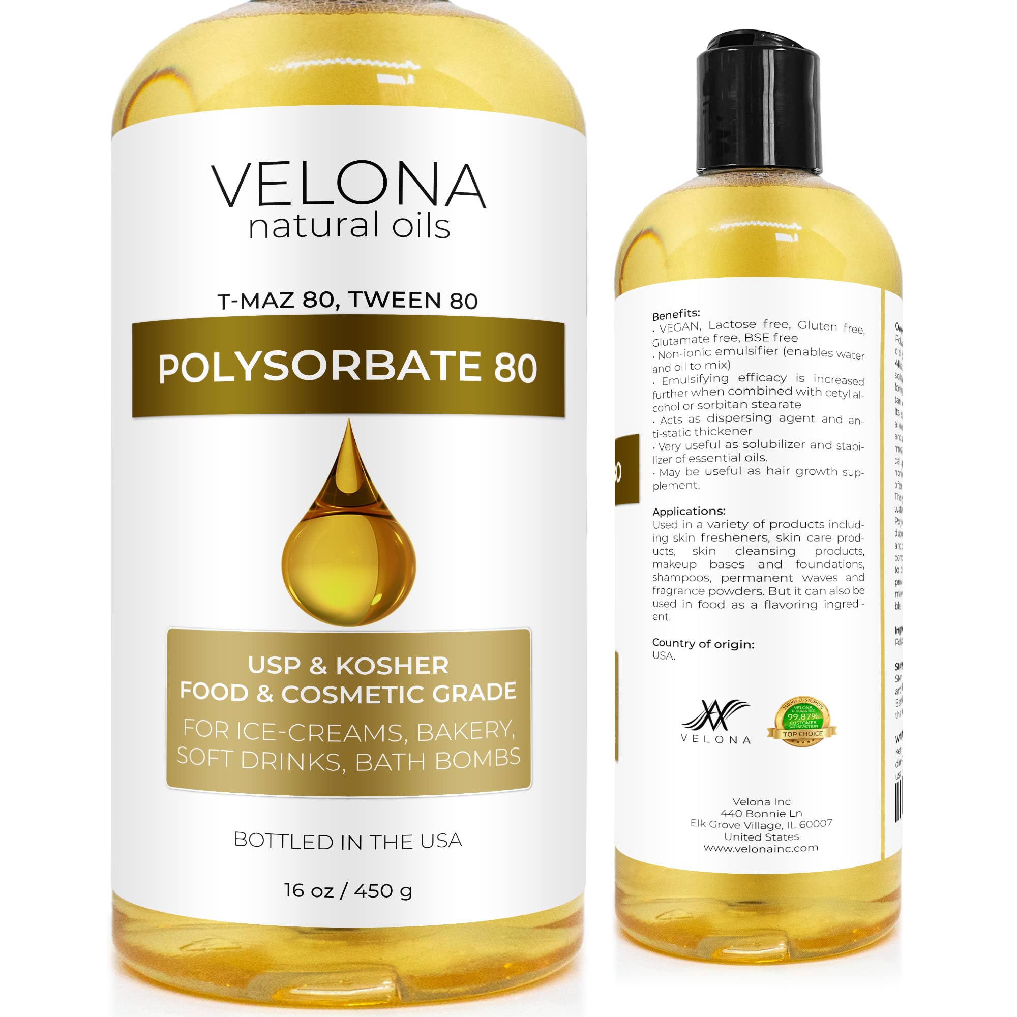 Polysorbate 80 by Velona - 16 oz, Solubilizer Food & Cosmetic Grade, All Natural  for Cooking Skin Care and Bath Bombs Sprays Foam Maker