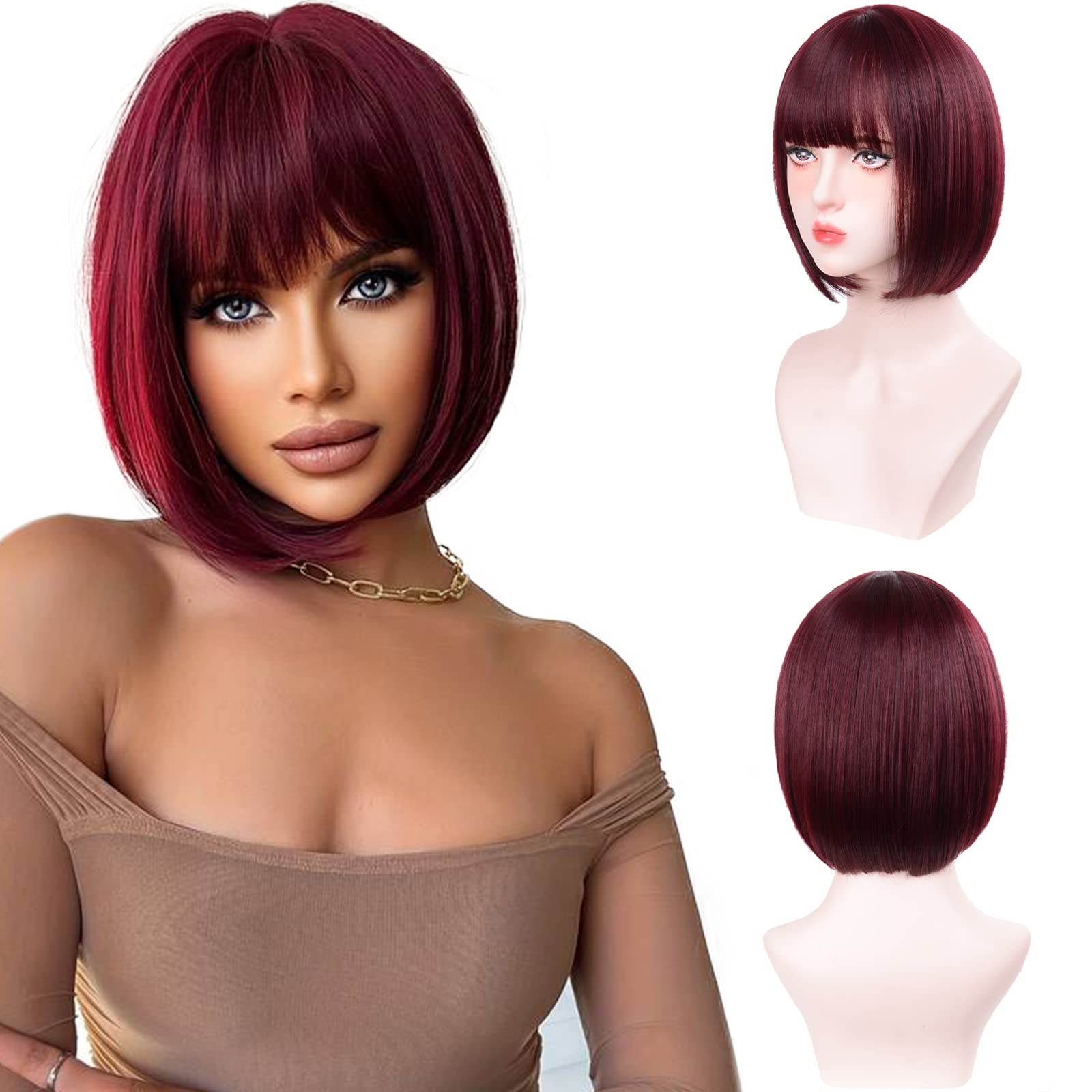 Aida ble Bob Wigs with Bangs Burgundy Wig for Women Wine Red Wig