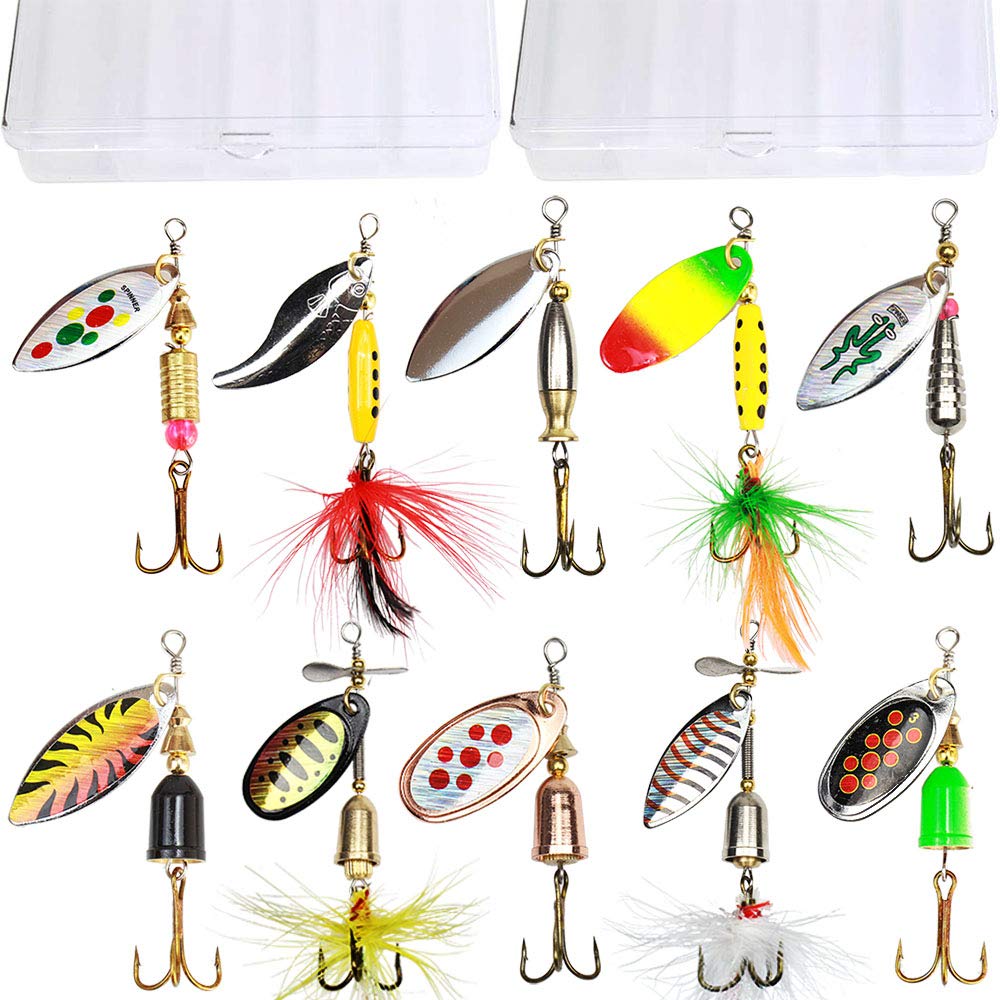 10pcs Fishing Lure Spinnerbait, Bass Trout Salmon Hard Metal Spinner Baits  Kit with 2 Tackle Boxes