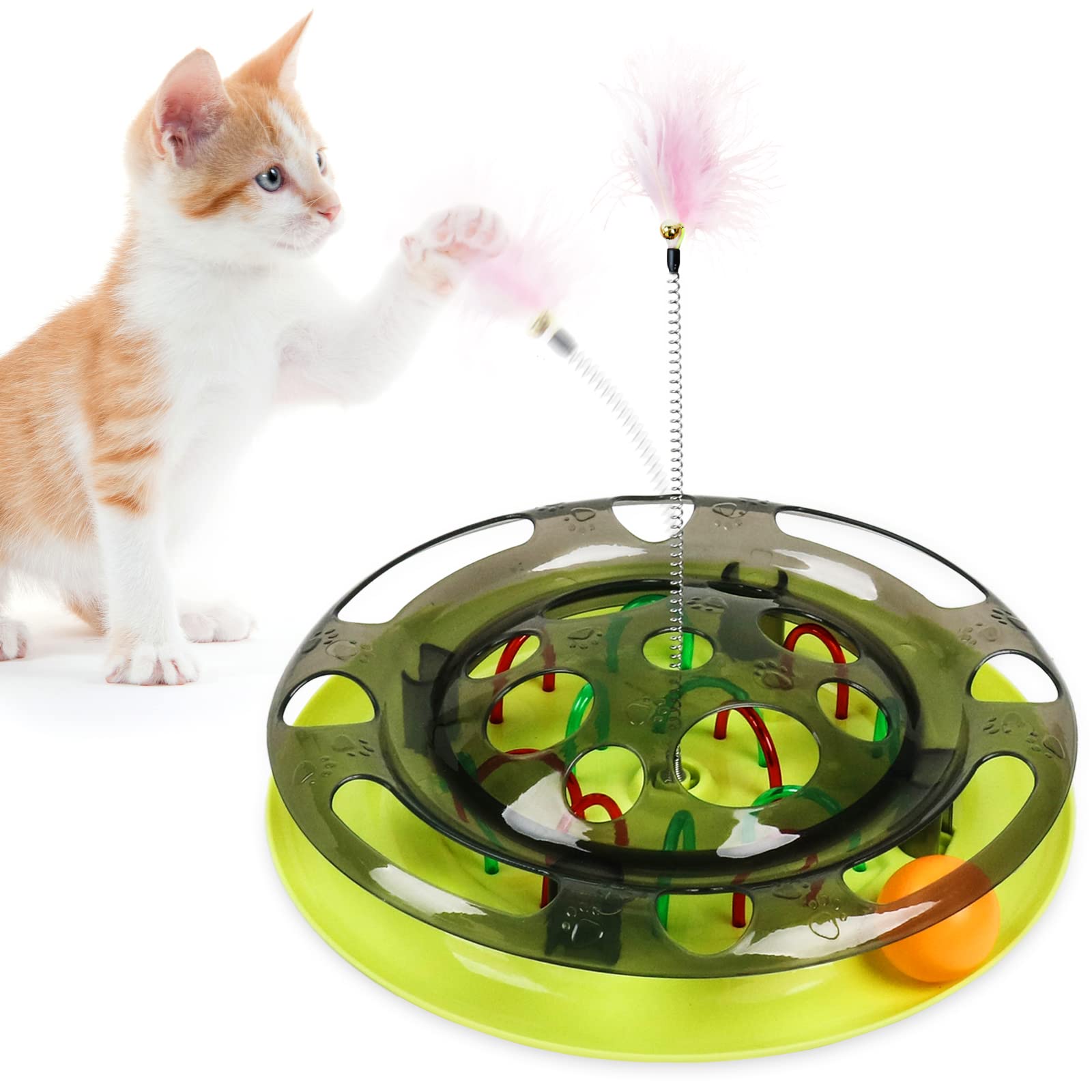 BNOSDM Interactive Cat Feeder Toy for Indoor Cats Slow Feeders Spring Toys  Funny Wooden Track 4 Balls Roller Turntable Exercise and Playing for Kitten