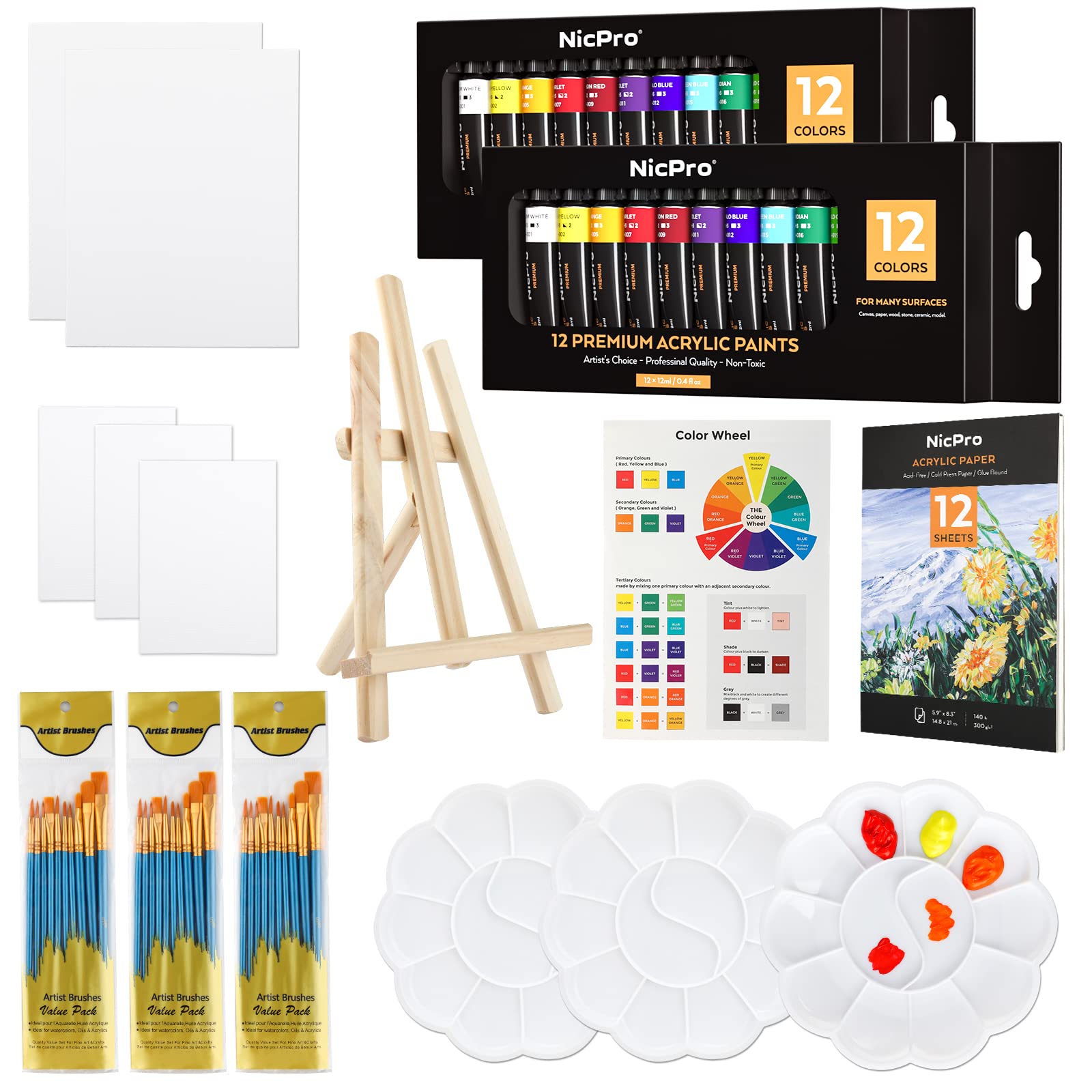 Professional Acrylic Art Paint Set | 55-Piece Premium Artist Painting Supplies Kit w/ Wooden Tabletop Easel, Paints, Brushes, Knives, Palettes, Canvas