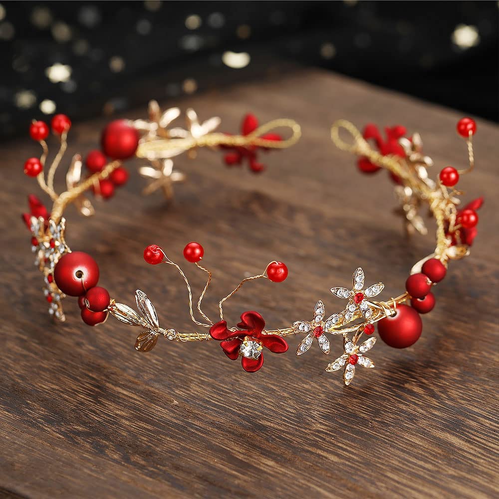 Drokit Red Flower Tiara Bridal Headpieces for Wedding Bridal