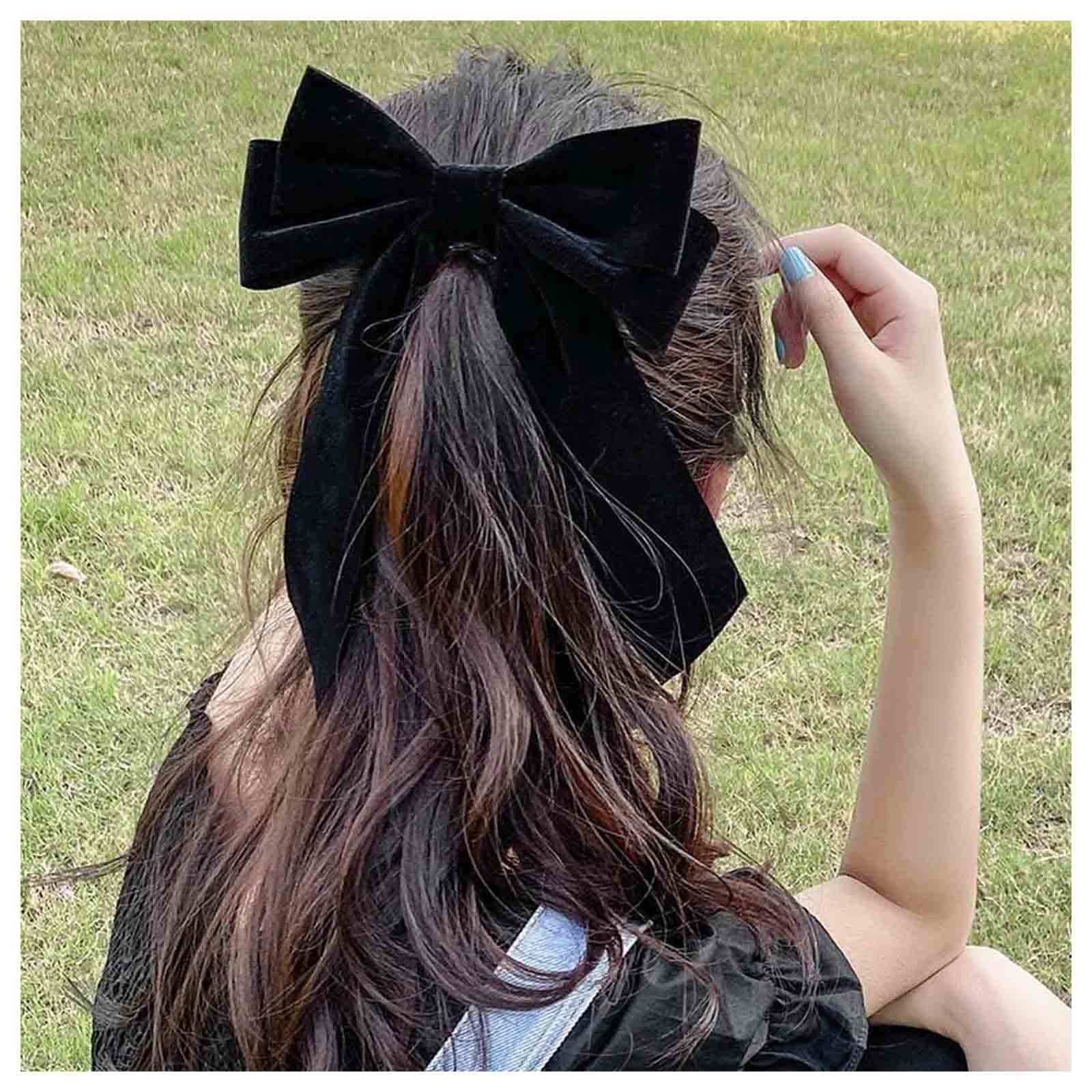 Andelaisi Vintage Black Velvet Bow Hair Clips Long Tail Satin