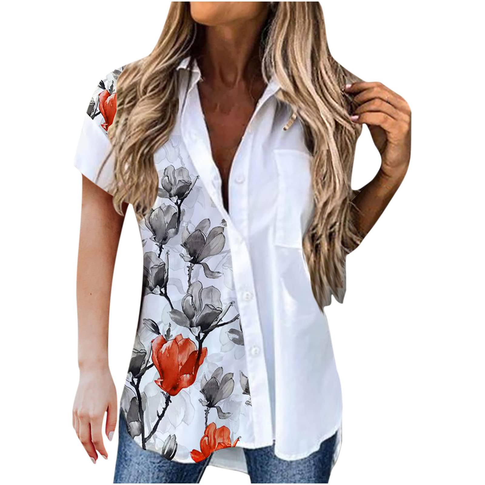 Oversized Fall Blouses for Women V Neck Short Sleeve Floral Print