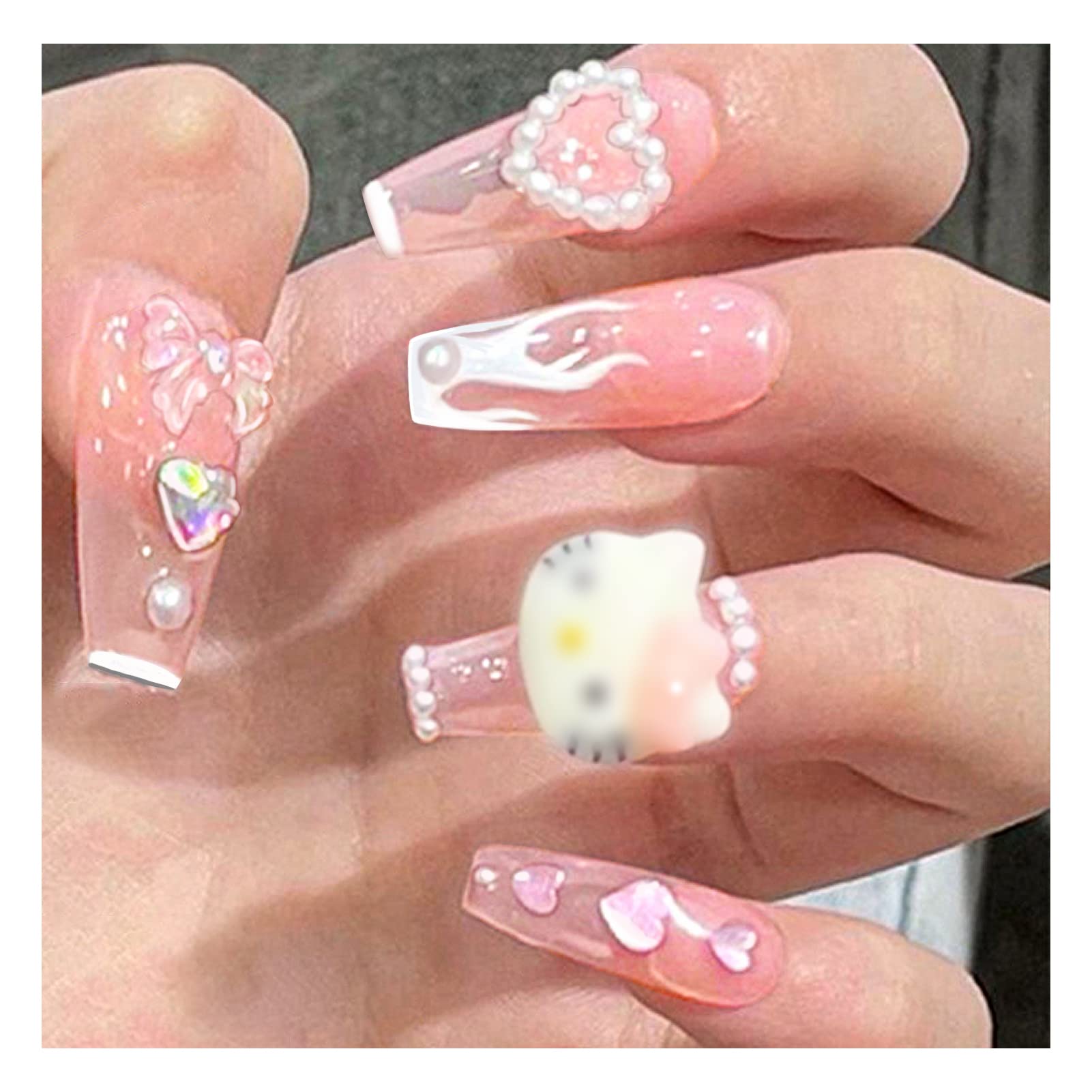 Pink Heart Rhinestones Fake Nails French Long Coffin Artificial