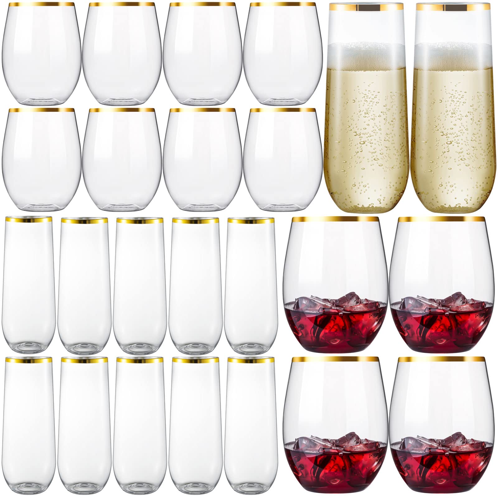eventpartener 24 Pcs Disposable Stemless Wine Glasses and Champagne Glasses  set, 12 pcs 16 oz Plastic Wine Cups & 12 pcs 9 oz Champagne Flutes, Gold  Rim Unbreakable Toasting Glasses, Ideal for Party