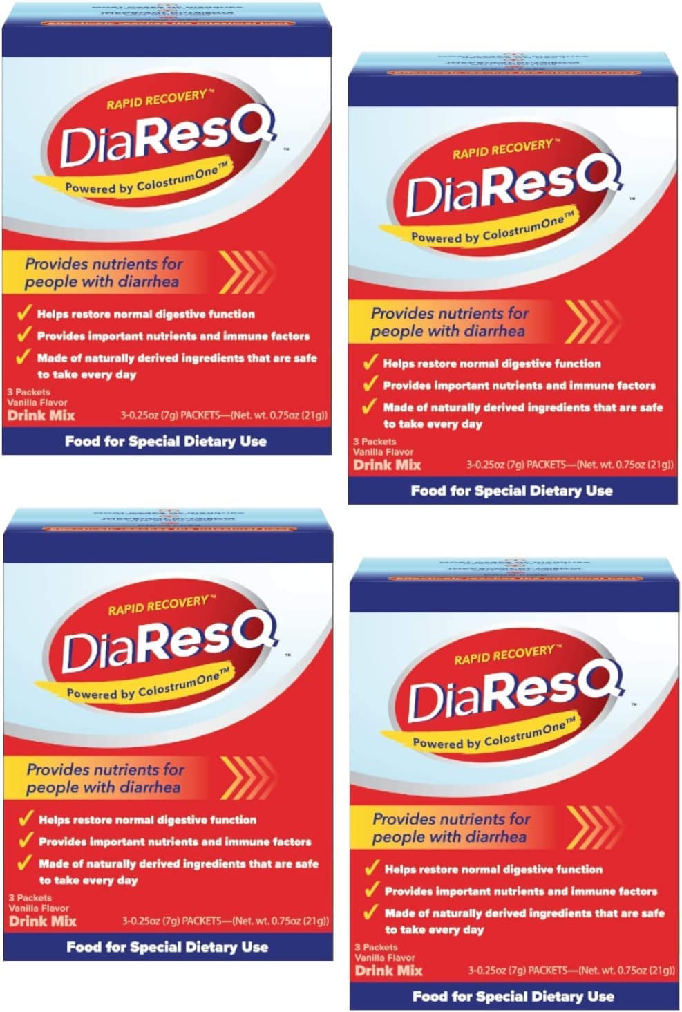 DiaResQ Rapid Recovery Diarrhea Relief 3 Packets Pack of 4