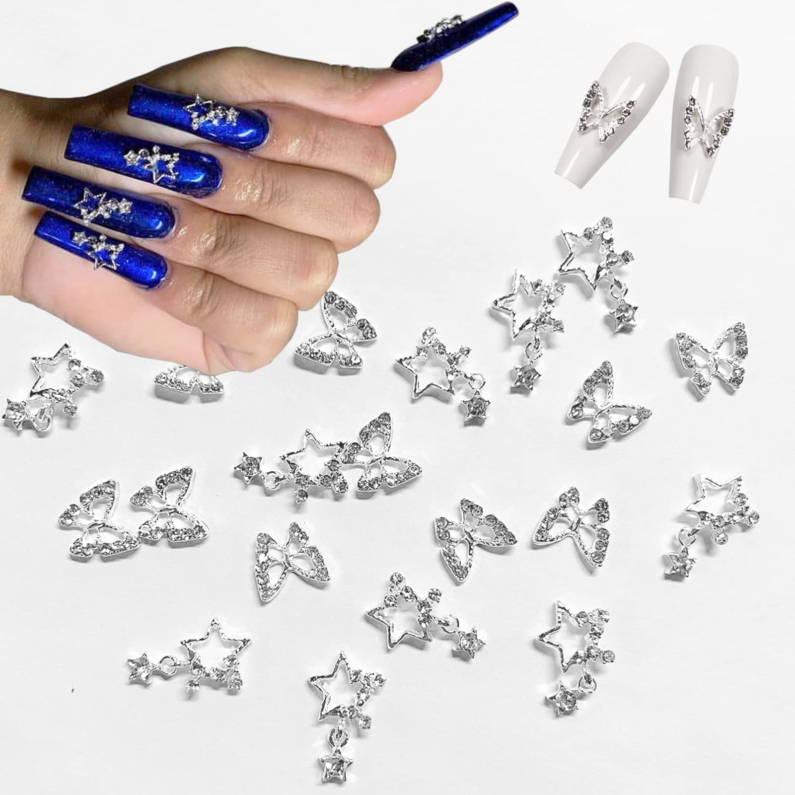 20Pcs Shiny Alloy Butterfly Nail Charms Crystal Butterfly Nail