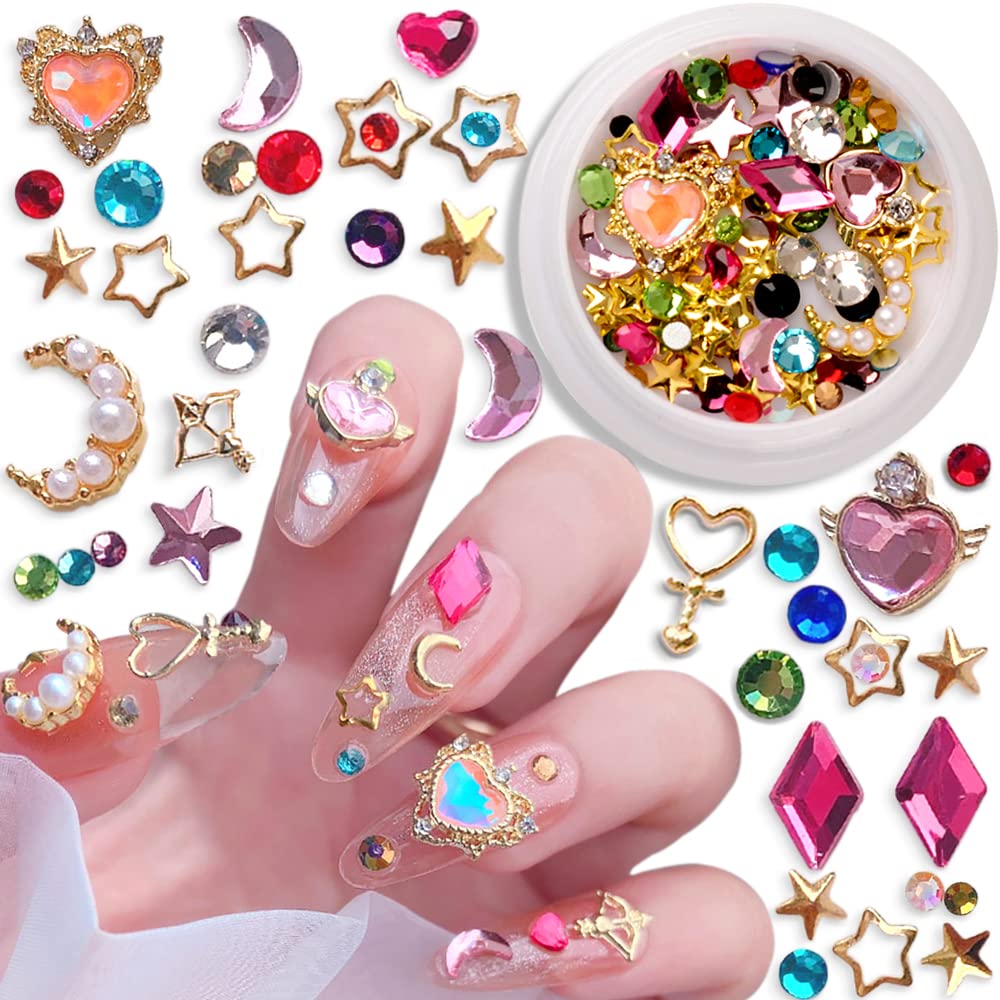 20Pcs Star Moon Cat Eye Nail Charms And Gems Pearls Accessories