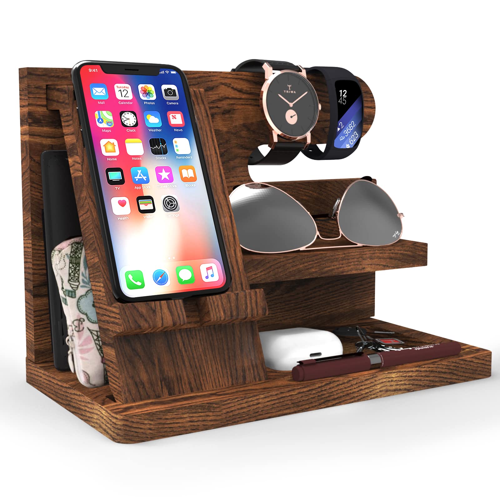 Iswabard Gifts for Men Wooden Phone Docking Station for Men Organizer Men  Husband Anniversary Dad Birthday Nightstand Organizer Bedside Night Table  Organizer brown