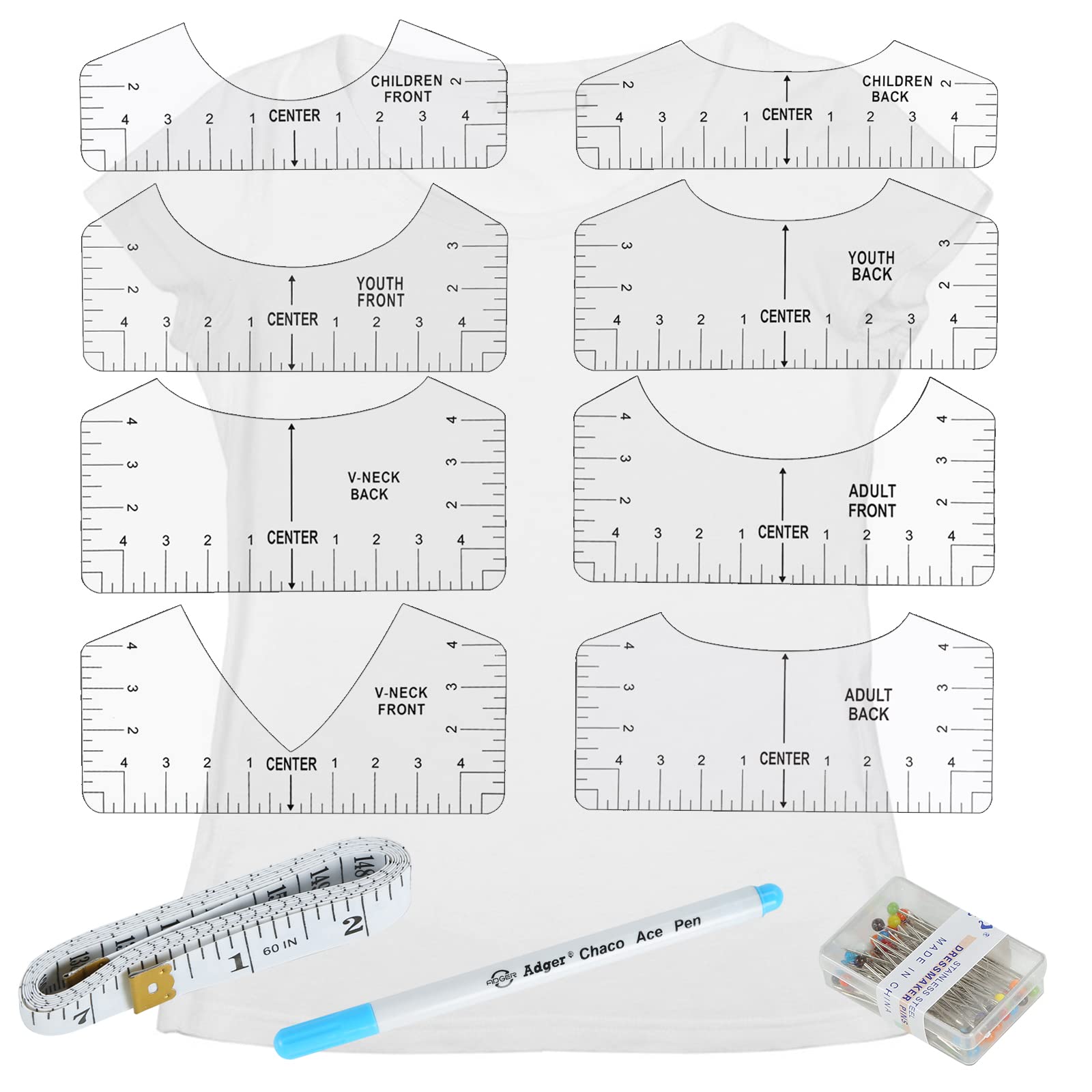 9 PCS T-Shirt Alignment Tool, T-Shirt Guide Ruler for Designing Clothing,  PVC Back and Front Aligned T-Shirt Rulers 