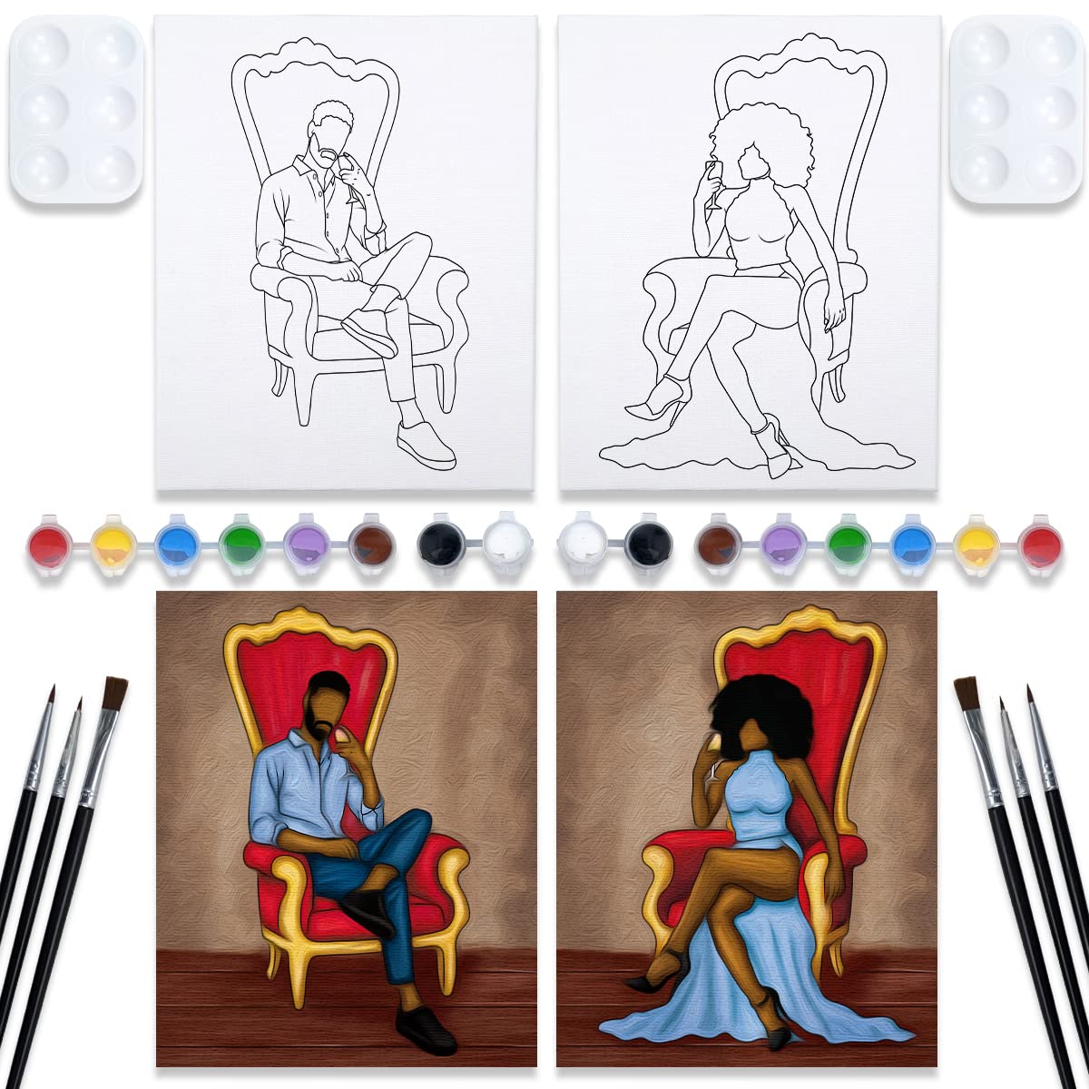 Nuberlic 2 Pack 8x10 Canvas Painting Kit Bundle Couples Paint Party Kits  Pre Drawn Canvas for Painting for Adult Afro King Queen Love Couple  Valentine's Day Gifts Art Set