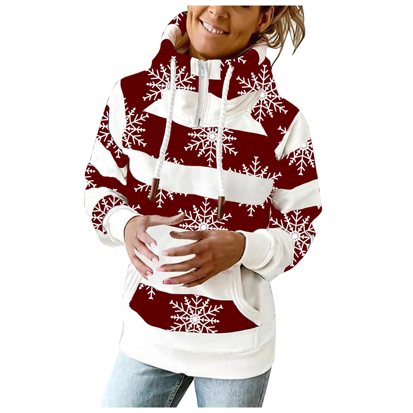 Ganfancp Women's Sweatshirt Winter Warm Thickened Turtleneck Long Sleeve  Pullover Plaid Print Drawstring Zipper Pocket Top Red Women Tops 81 Large