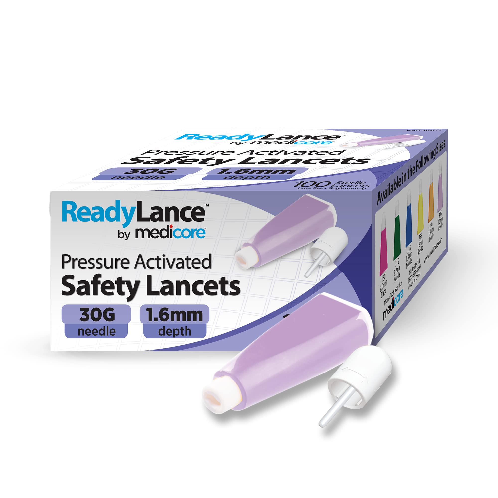 ReadyLance Pressure Activated Safety Lancets 100pcs 30Gx1.6MM Purple ...