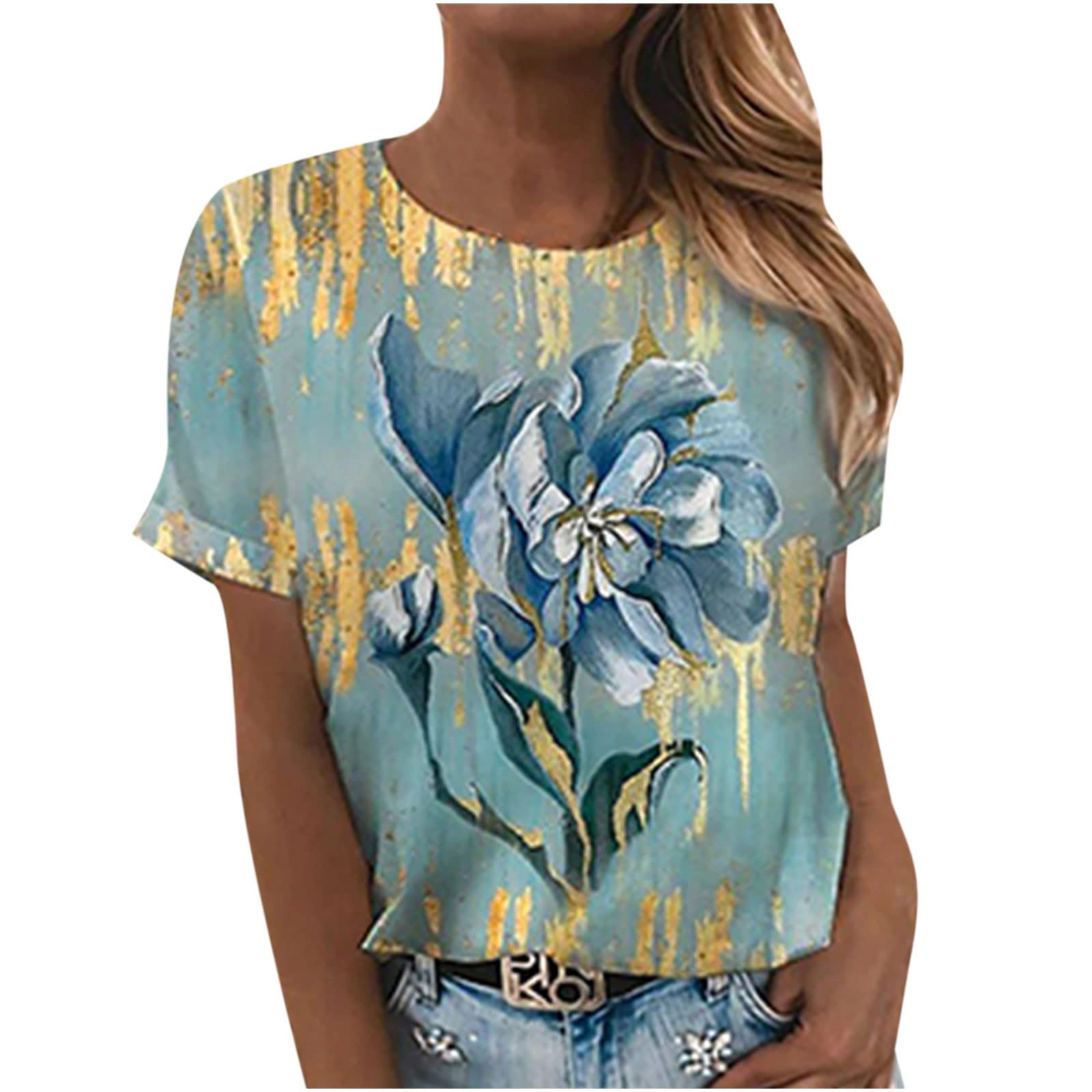 T Shirts for Women Casual Vintage Flowers Printed Blouse Short Sleeve Round Neck  Sweatshirt Tops Graphic Tees XX-Large Green