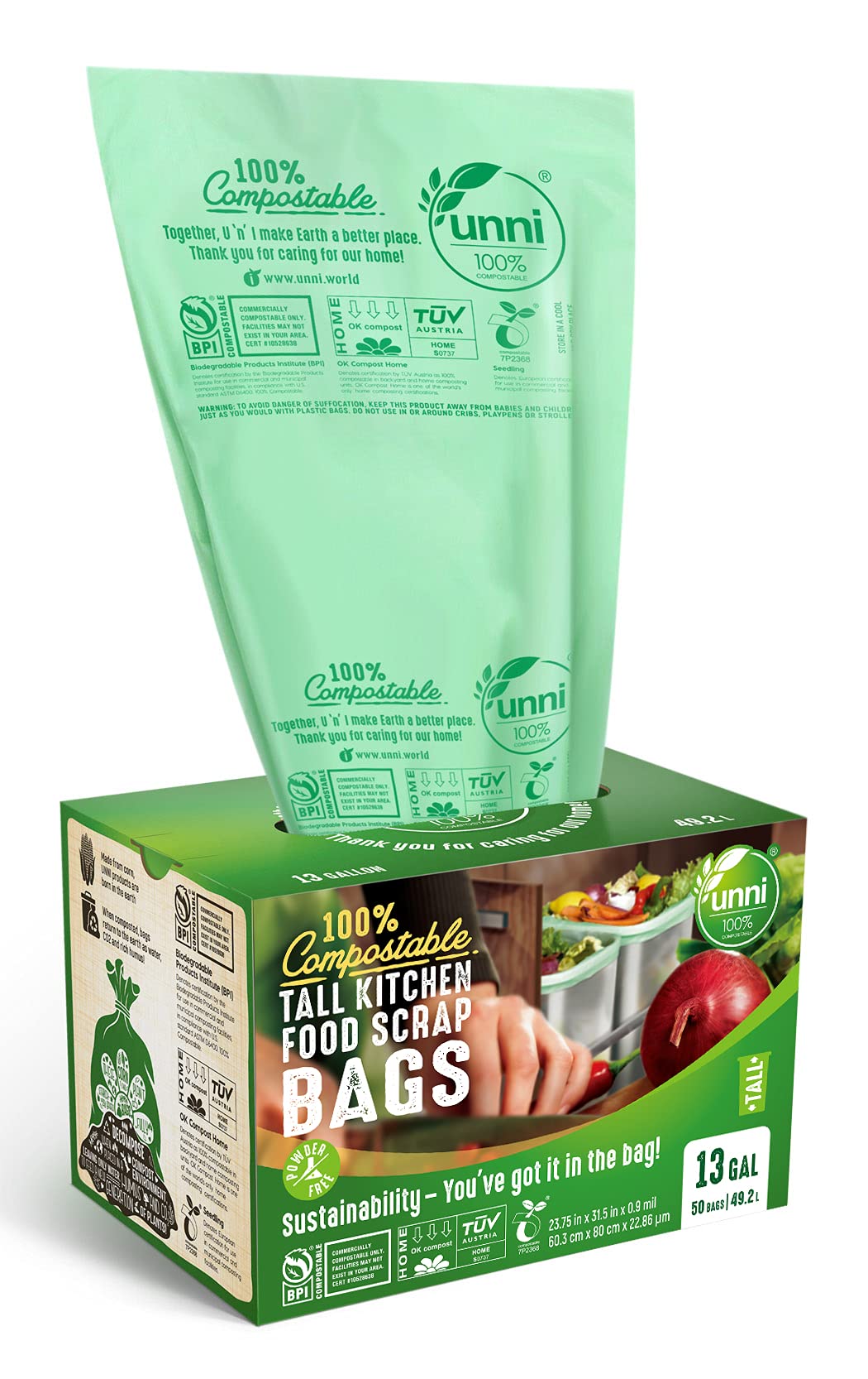 UNNI 100% Compostable Bags, 13 Gallon, 49.2 Liter, 50 Count, Heavy Duty  0.85 Mil, Tall Kitchen Food Scrap Waste Bags, ASTM D6400, EN 13432, US BPI  and