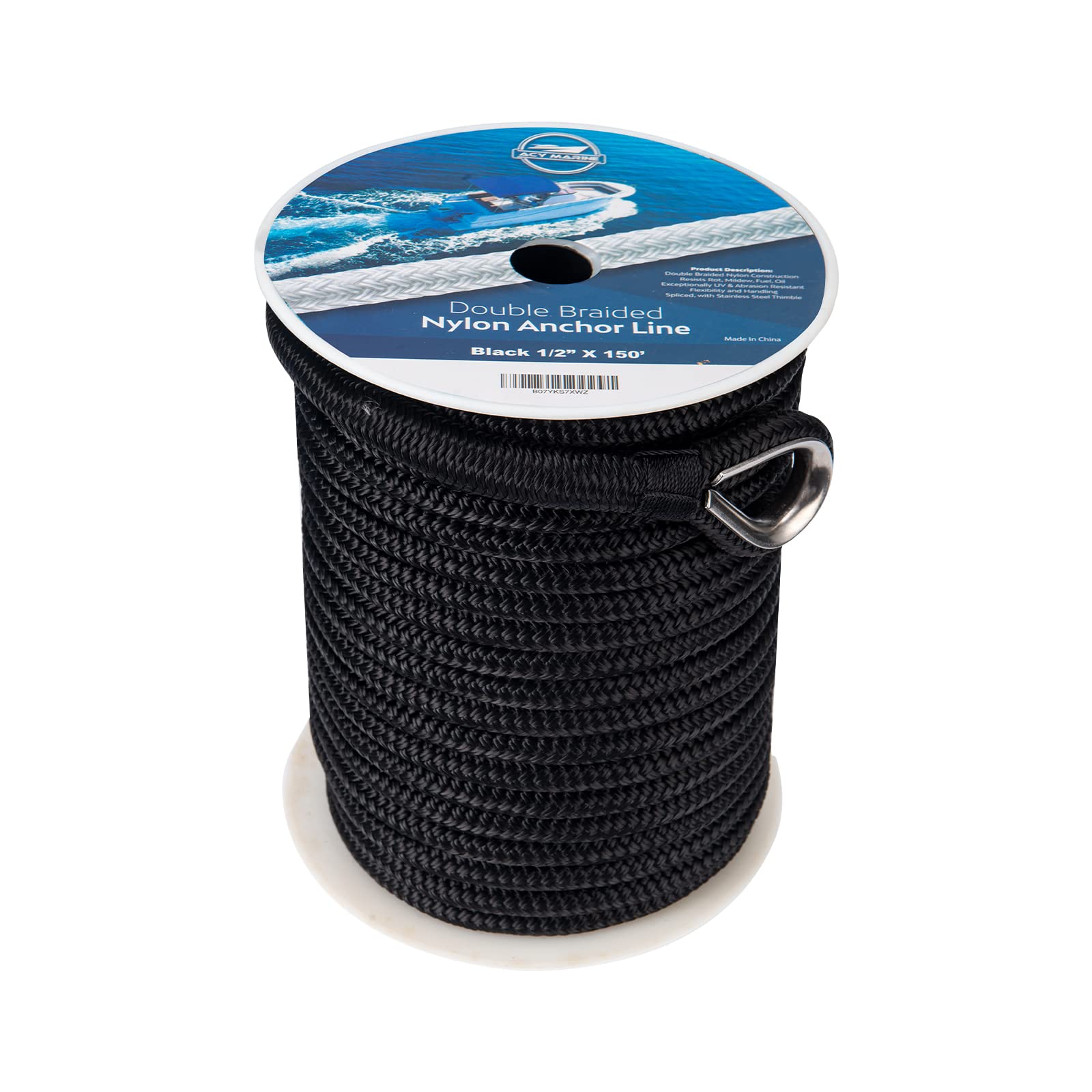 Double Braided Nylon Anchor Line with Stainless Thimble (Black, 1/2-Inch x  100-Feet)