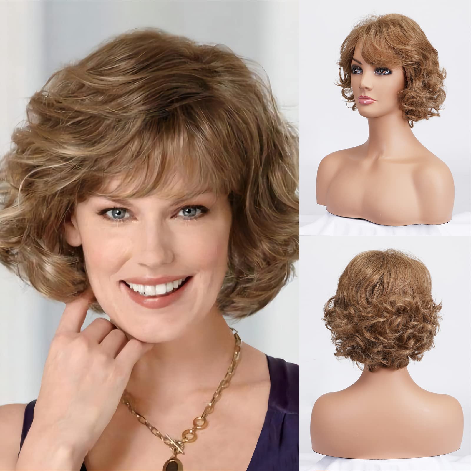 BESTUNG Brown Short Curly Wavy Wig with Hair Bangs For Middle Aged