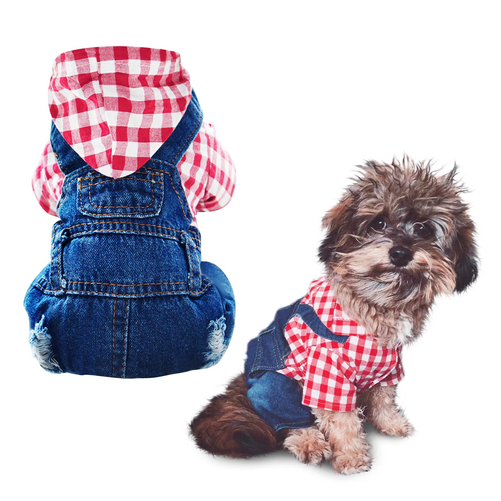 Pet Clothes Denim Dog Jeans Striped or Grid Jumpsuit Overall