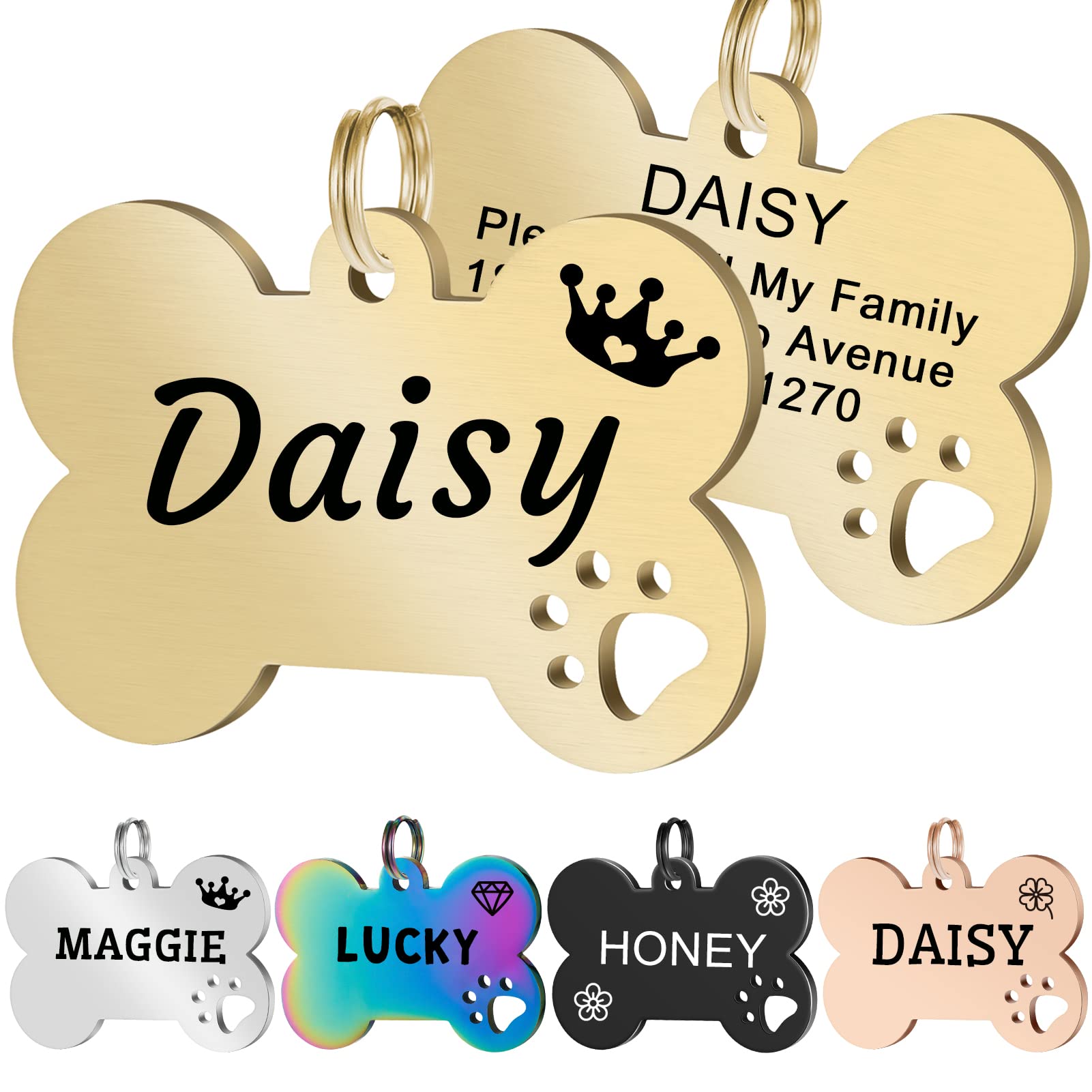 Personalized Gold Dog Bone Pet Tag Engraved Dog Tags Custom Pet ID Tags Dog  Bone Personalized Dog Collar Tag Dog Name Tag Engraved Free 