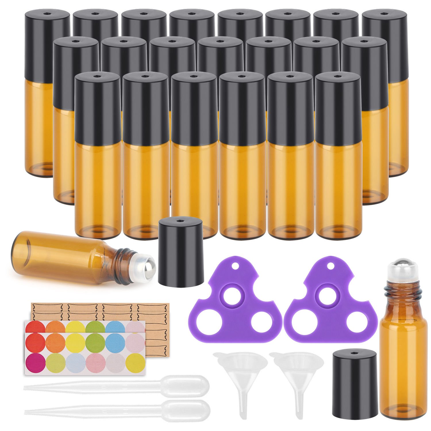 Essential Oil Roller Bottles, 24 Pack Amber Glass Roller Bottles