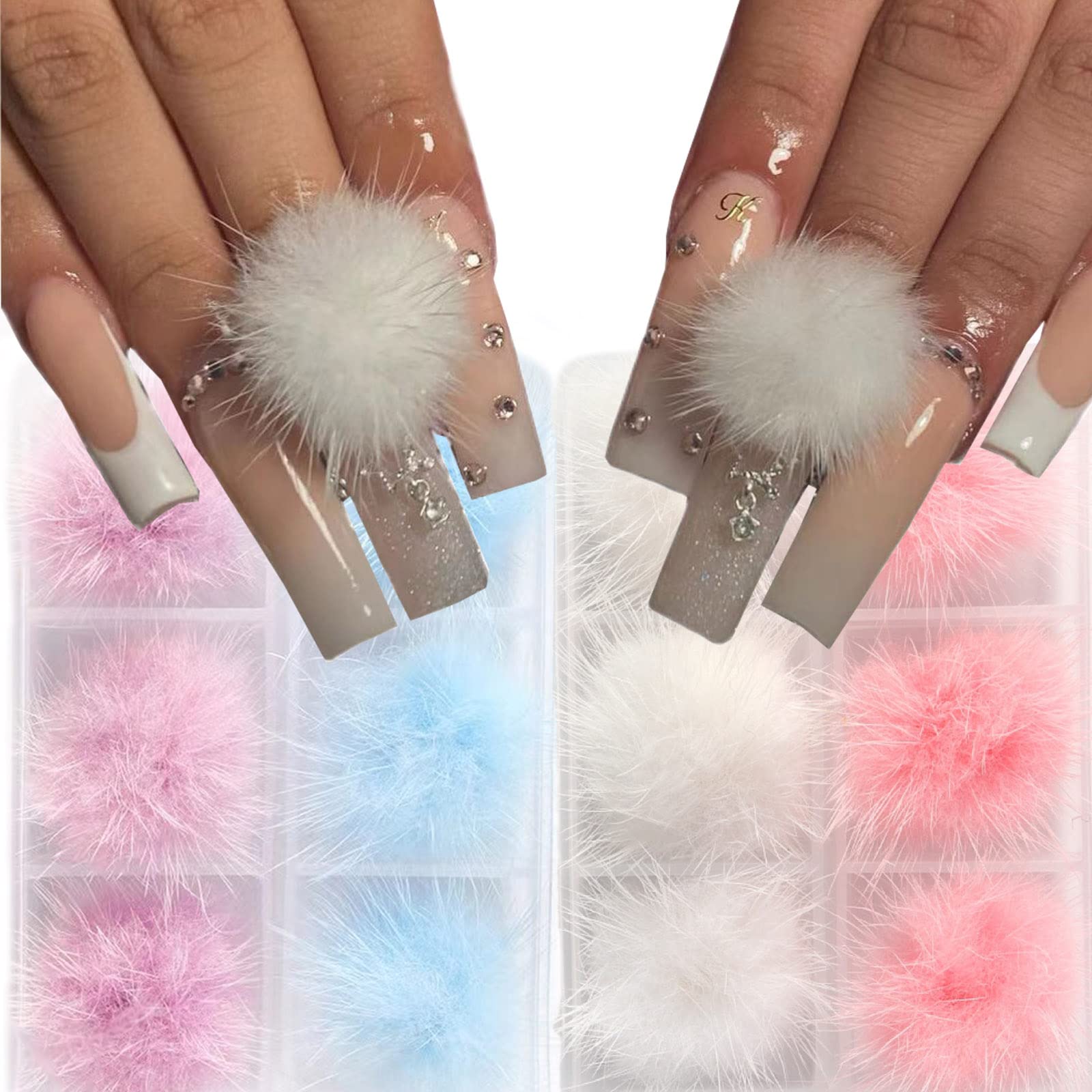 12 PCS 3D Magnetic Nail Art Charms Fluff Balls Nail Charms 2 Boxes Pom Pom Nail  Art Supplies Removable Soft Plush Design Accessories Colorful Fluff Balls  Nail Decorations for Acylic Nails