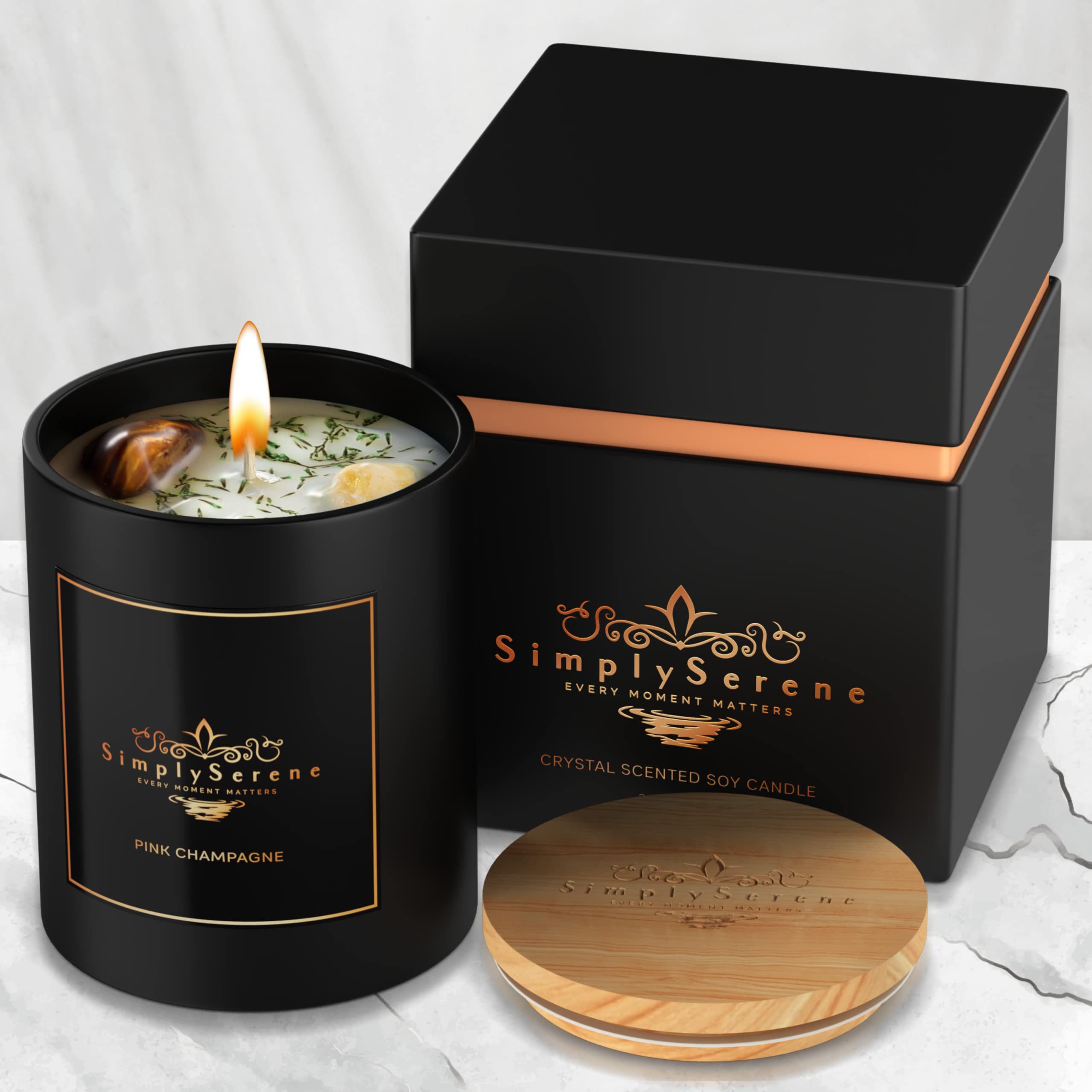 Simply Serene Scented Candle Luxurious Candles Long Burning with Tiger's  Eye and Citrine Crystals Beautiful Black